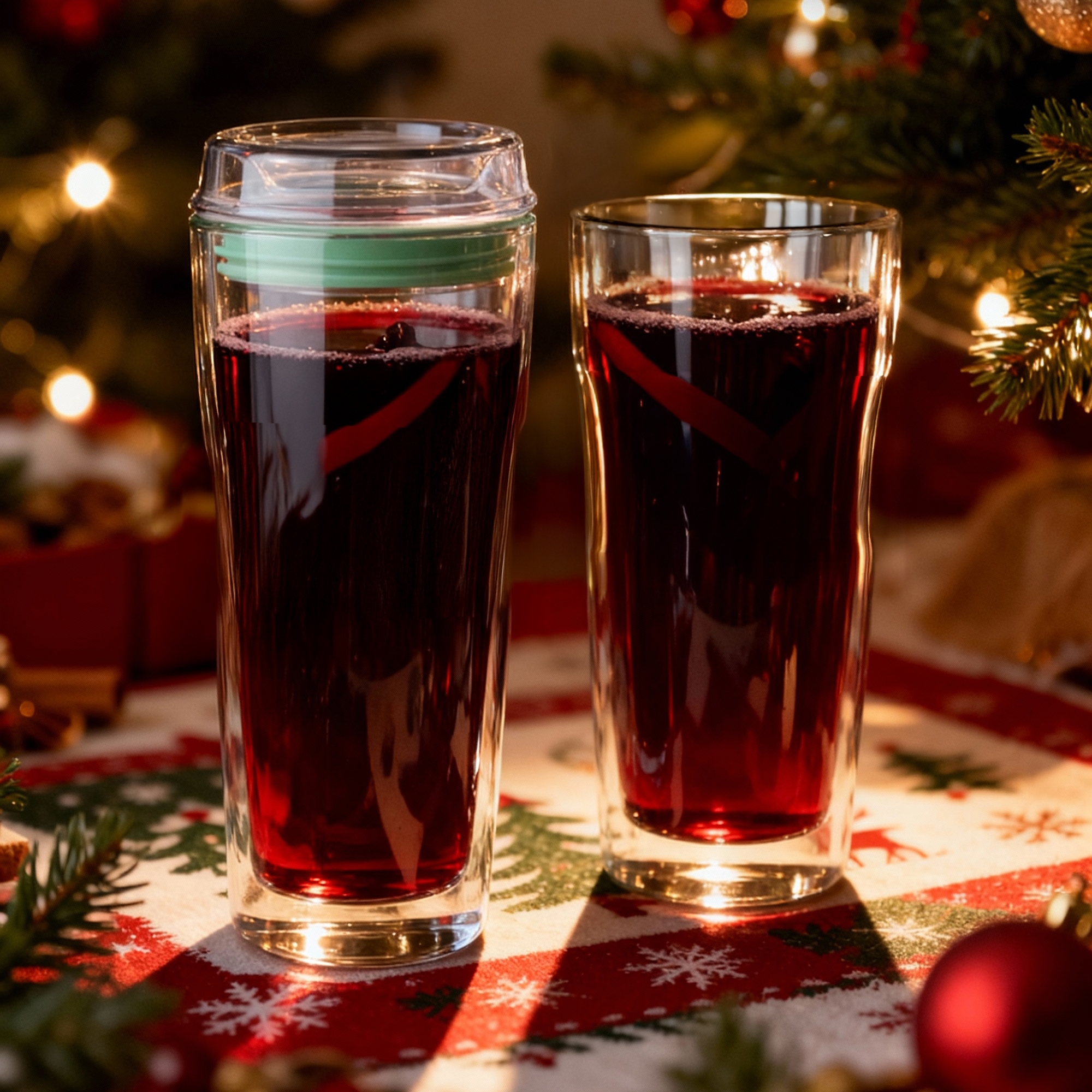 Zwei Gläser mit Glühwein vor weihnachtlicher Dekoration
