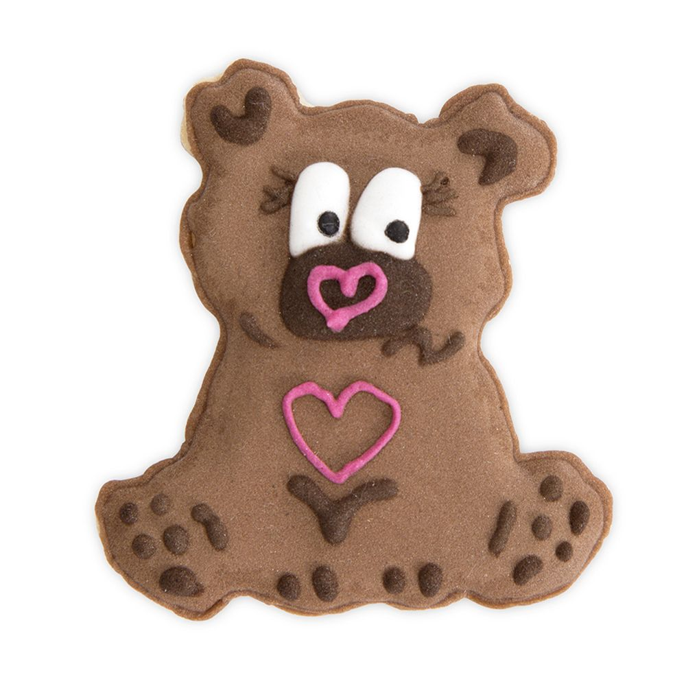 Brown teddy cookie with pink heart and big eyes