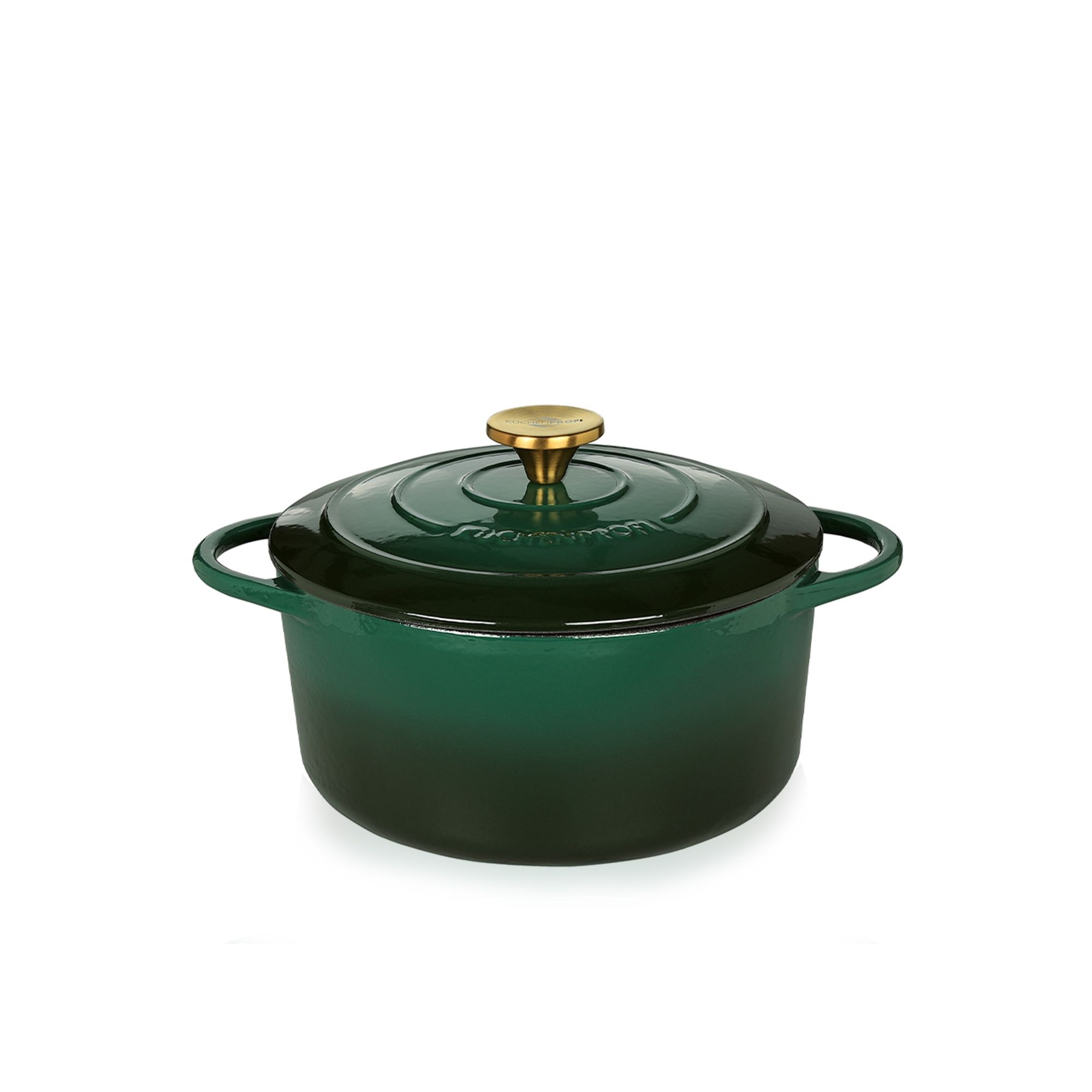 Round green cast iron casserole with gold knob