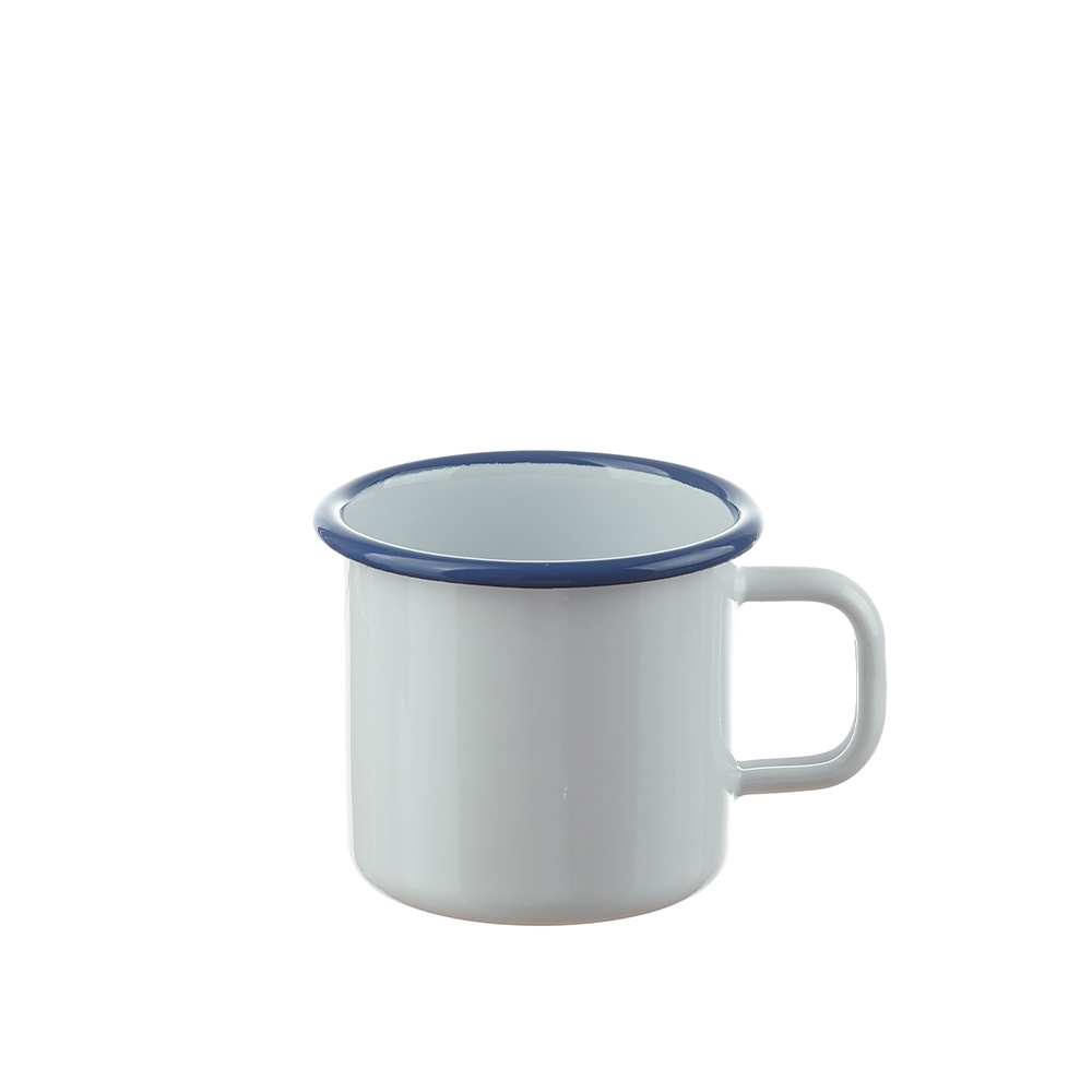 Münder Email - Becher 8 cm - Weiß mit blauem Rand Münder Email - Becher 8 cm - Weiß mit blauem Rand