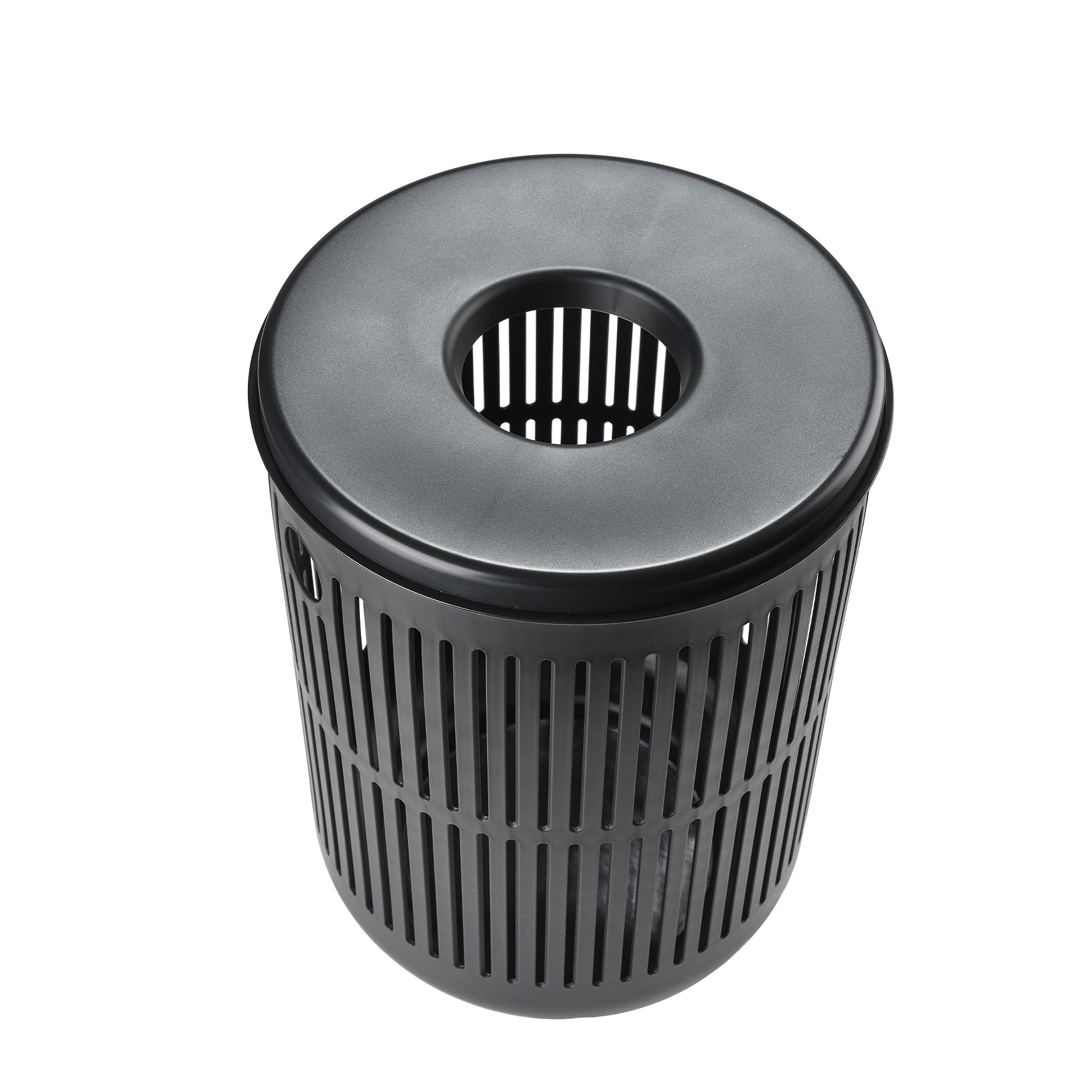Black round mesh waste bin with lid opening
