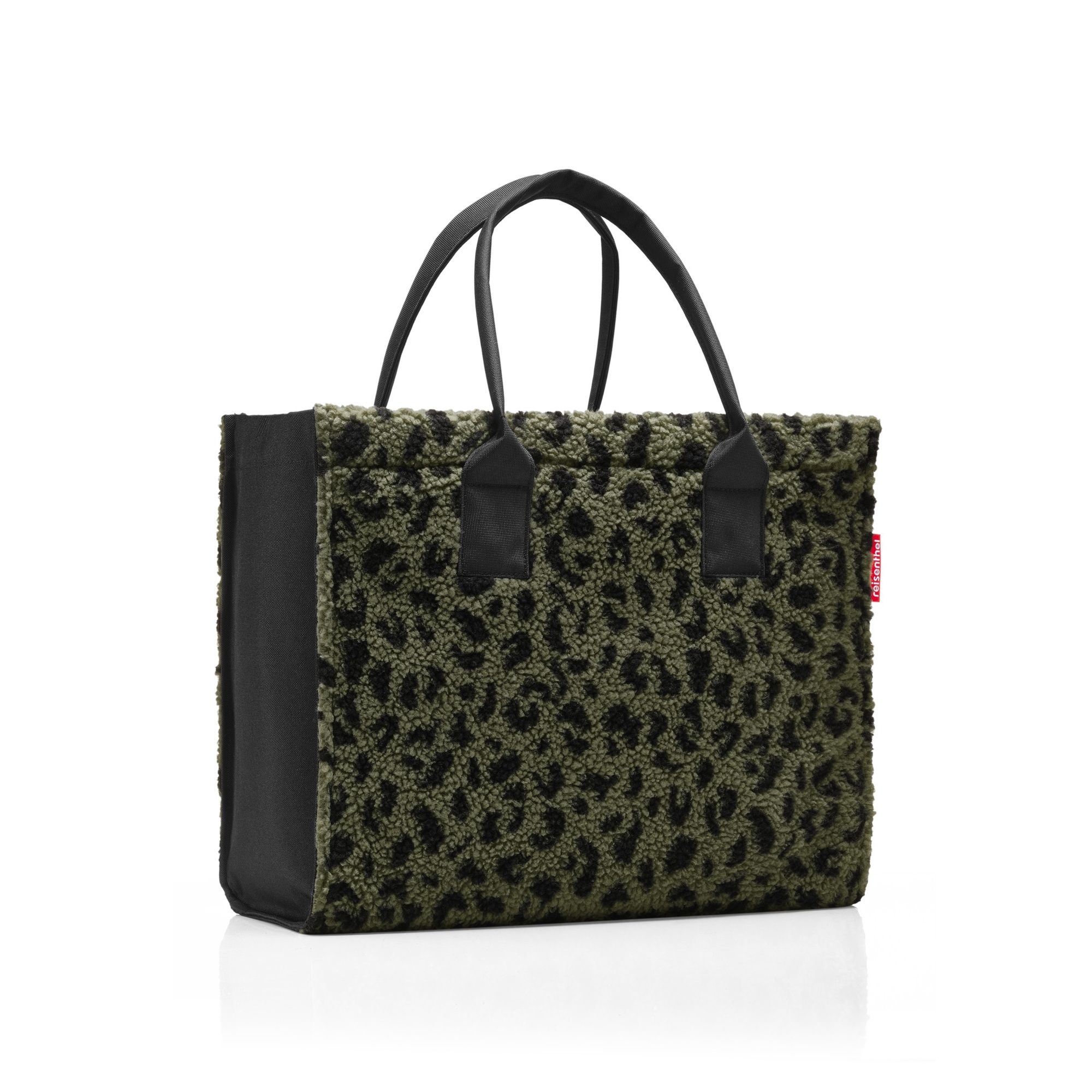 Bag with green leopard pattern and black handles