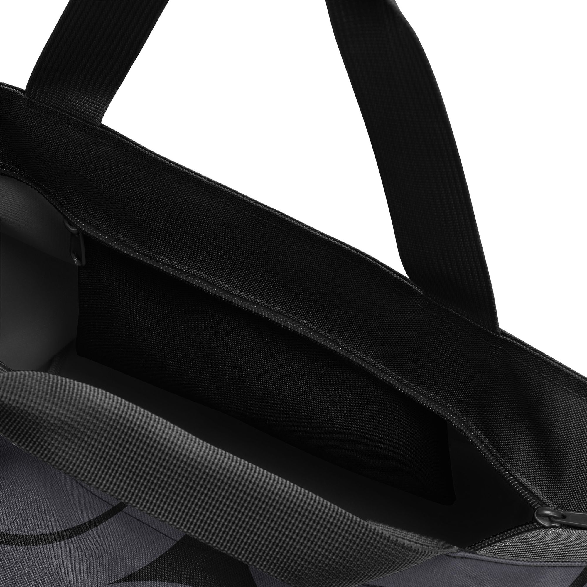 Inside view of black tote bag with zipper pocket