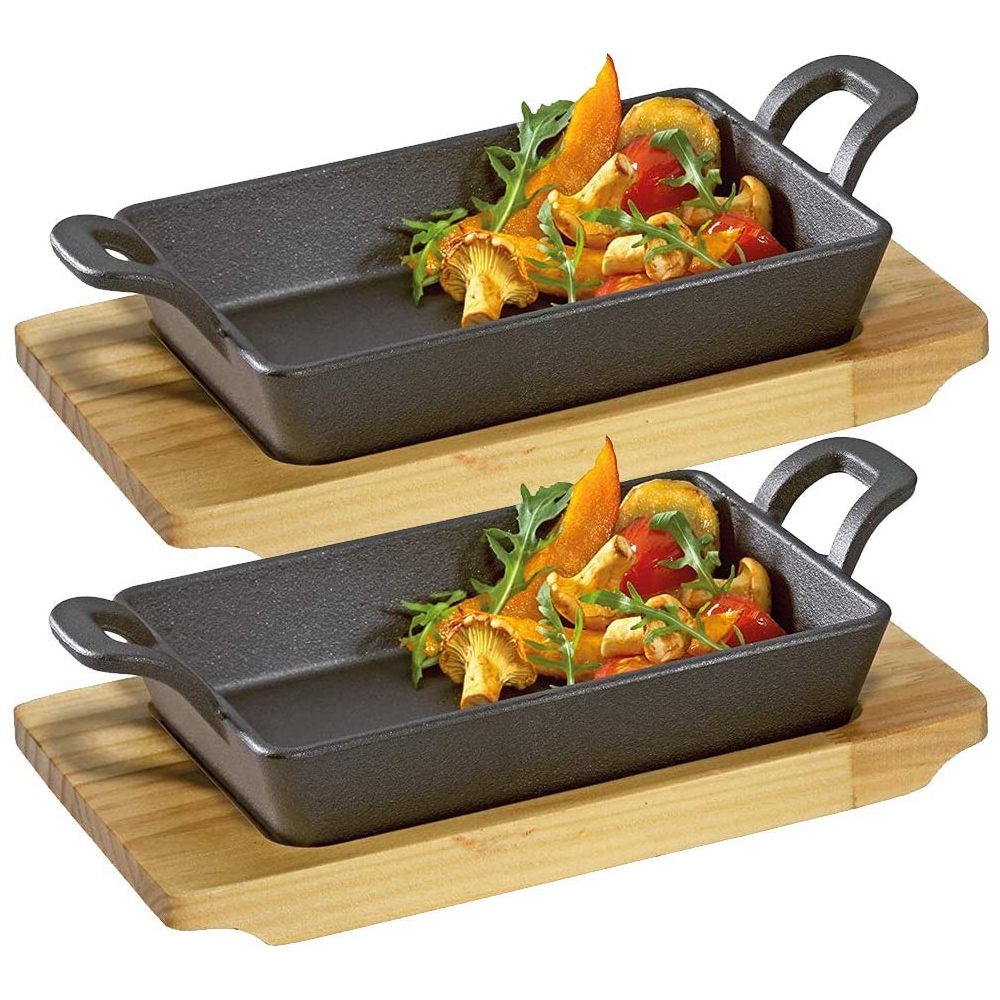 Küchenprofi - BBQ square grill / serving pan with wooden board - 2 pack
