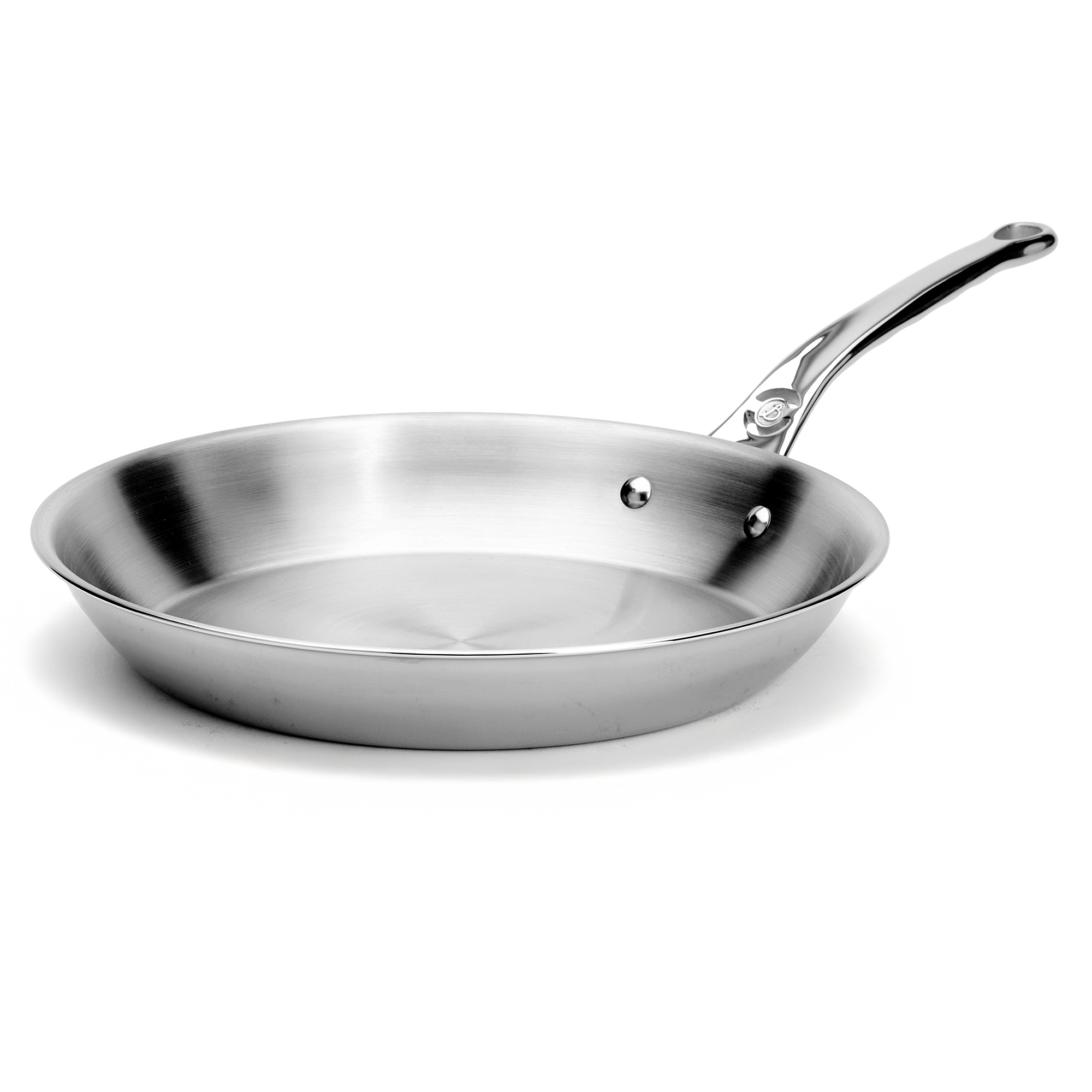 Round stainless steel frying pan with handle