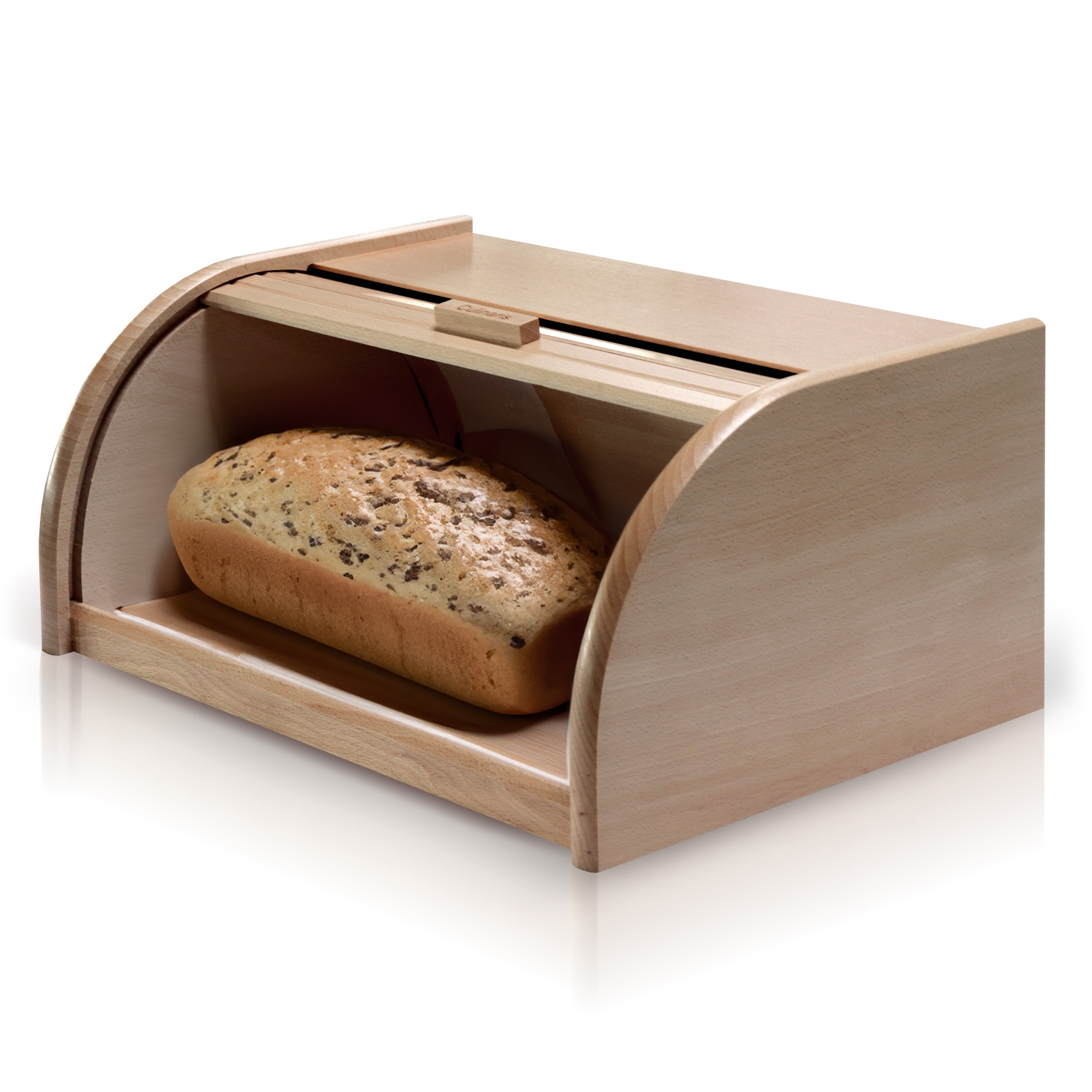 Beechwood bread bin with roll-top lid and loaf of bread