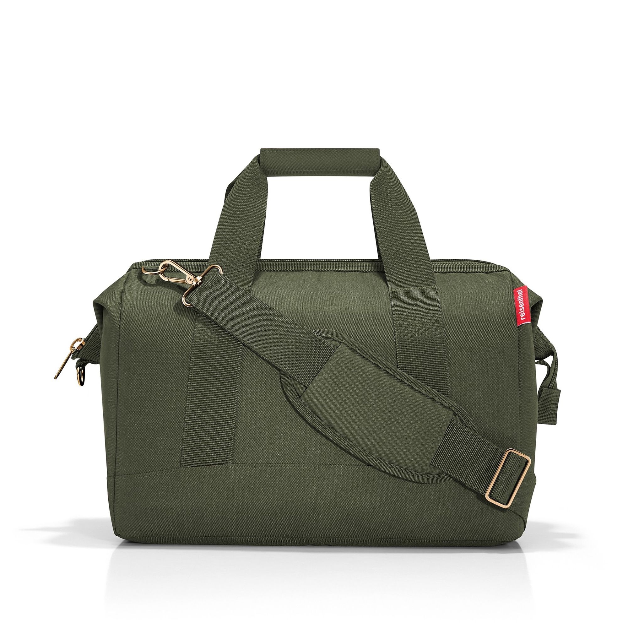 Olive green travel bag with handles and shoulder strap