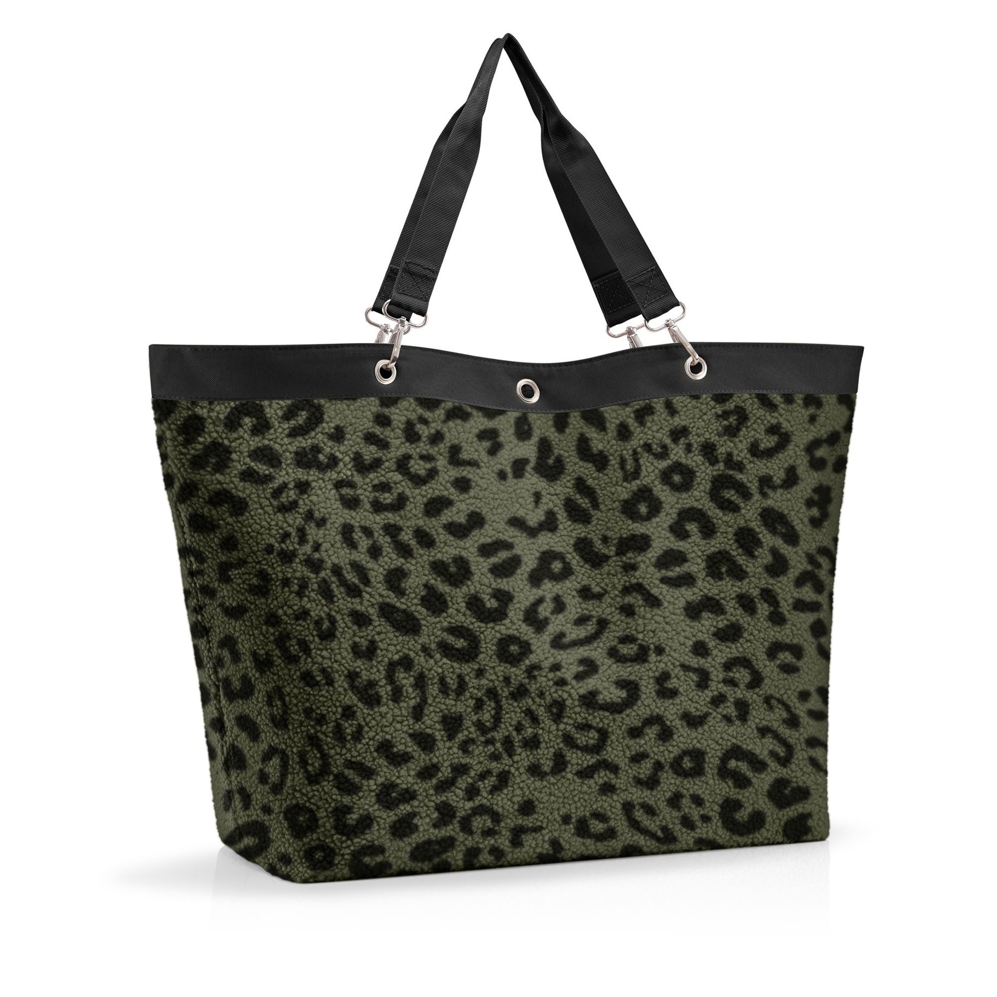 Large shopper bag green leopard print with black handles