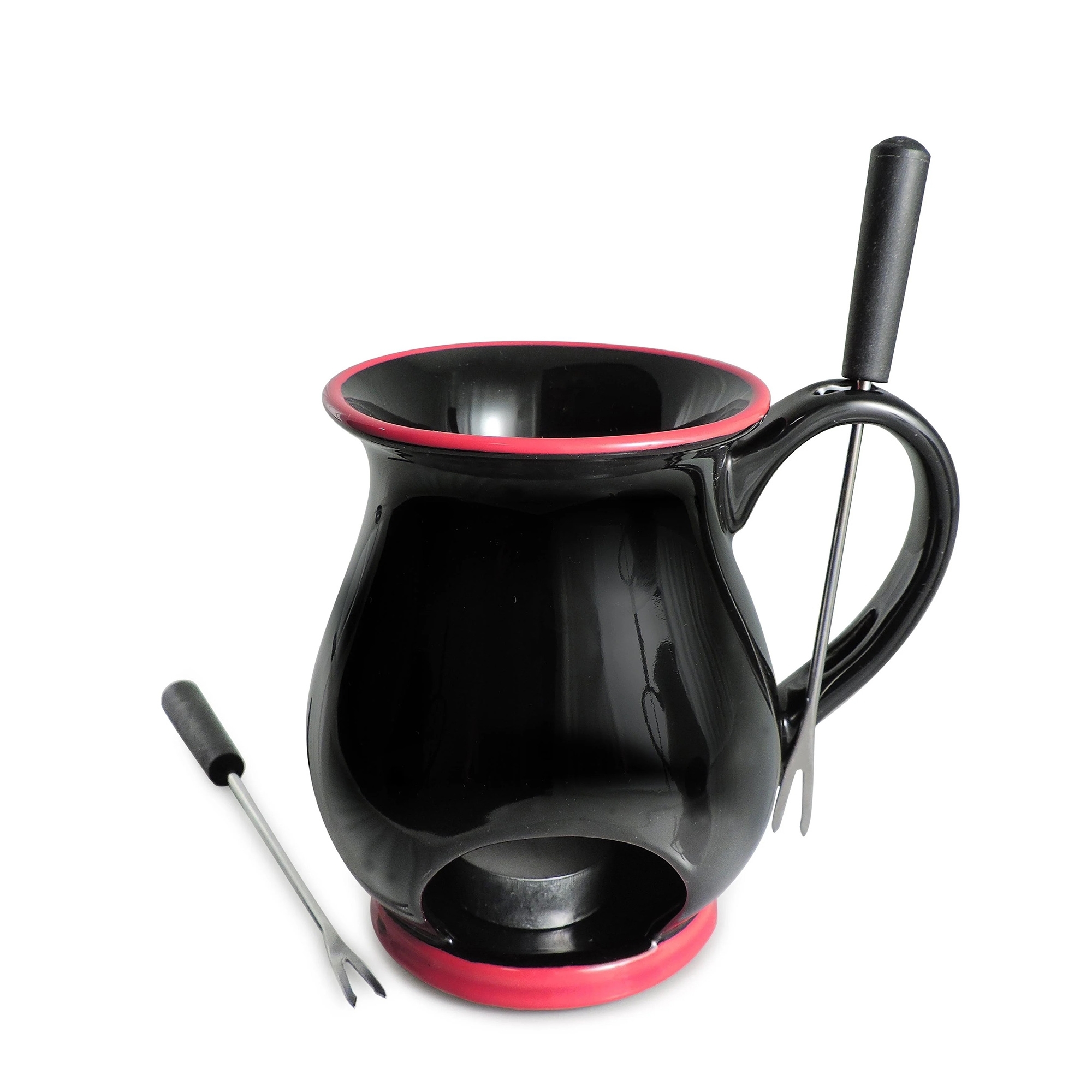 Schwarze Schokofondue-Tasse mit zwei Gabeln