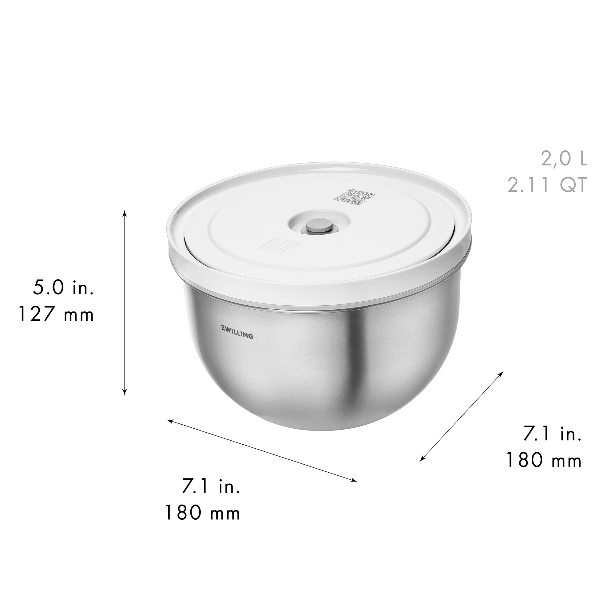 Round stainless steel bowl with white lid and 2 litre volume