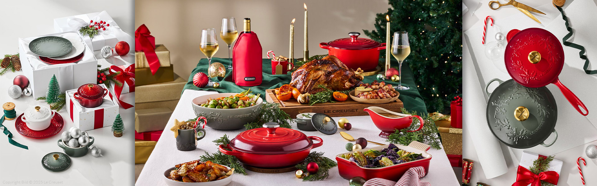 Festliche Le Creuset Bräter und Geschirr zu Weihnachten