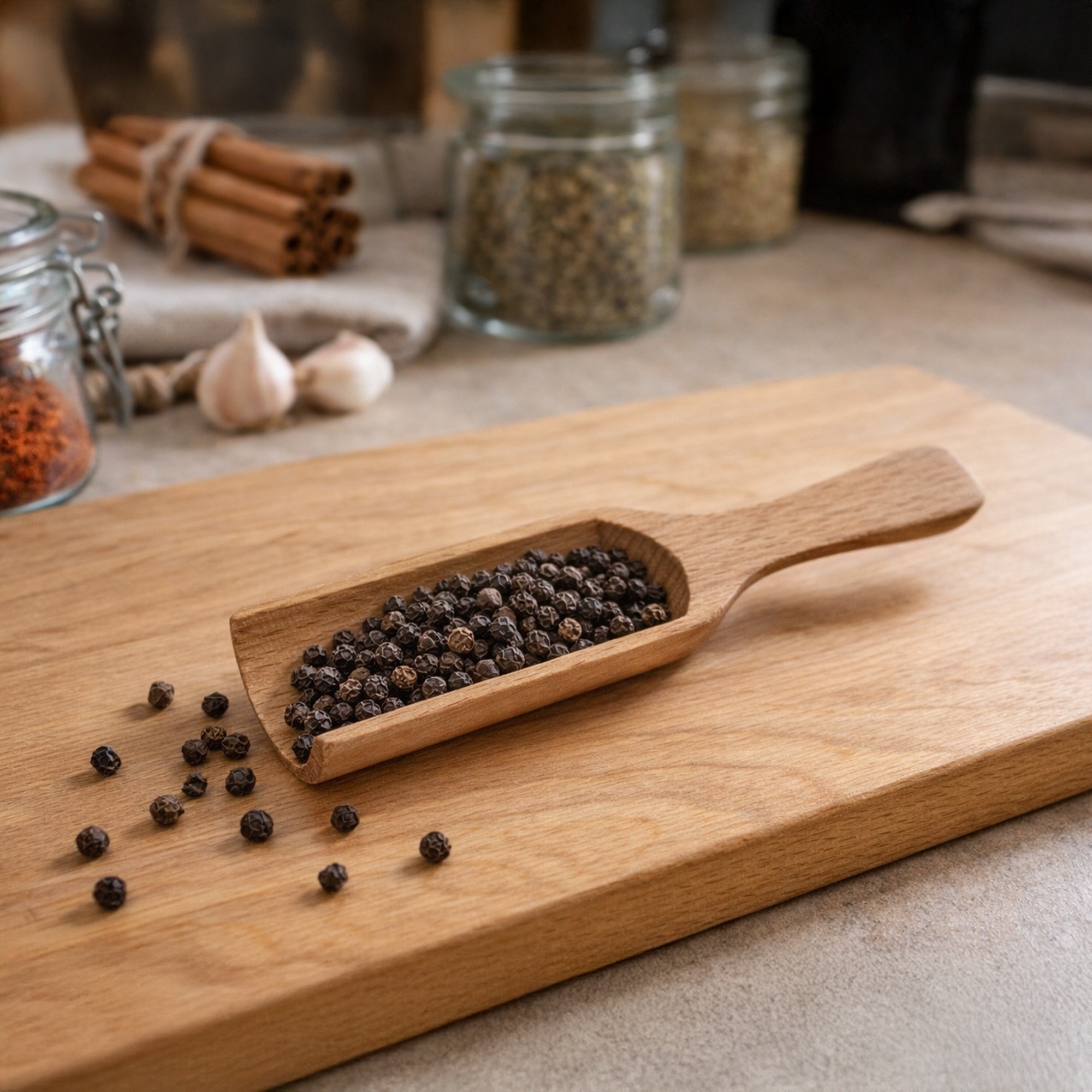 Half-round beechwood spice scoop filled with peppercorns