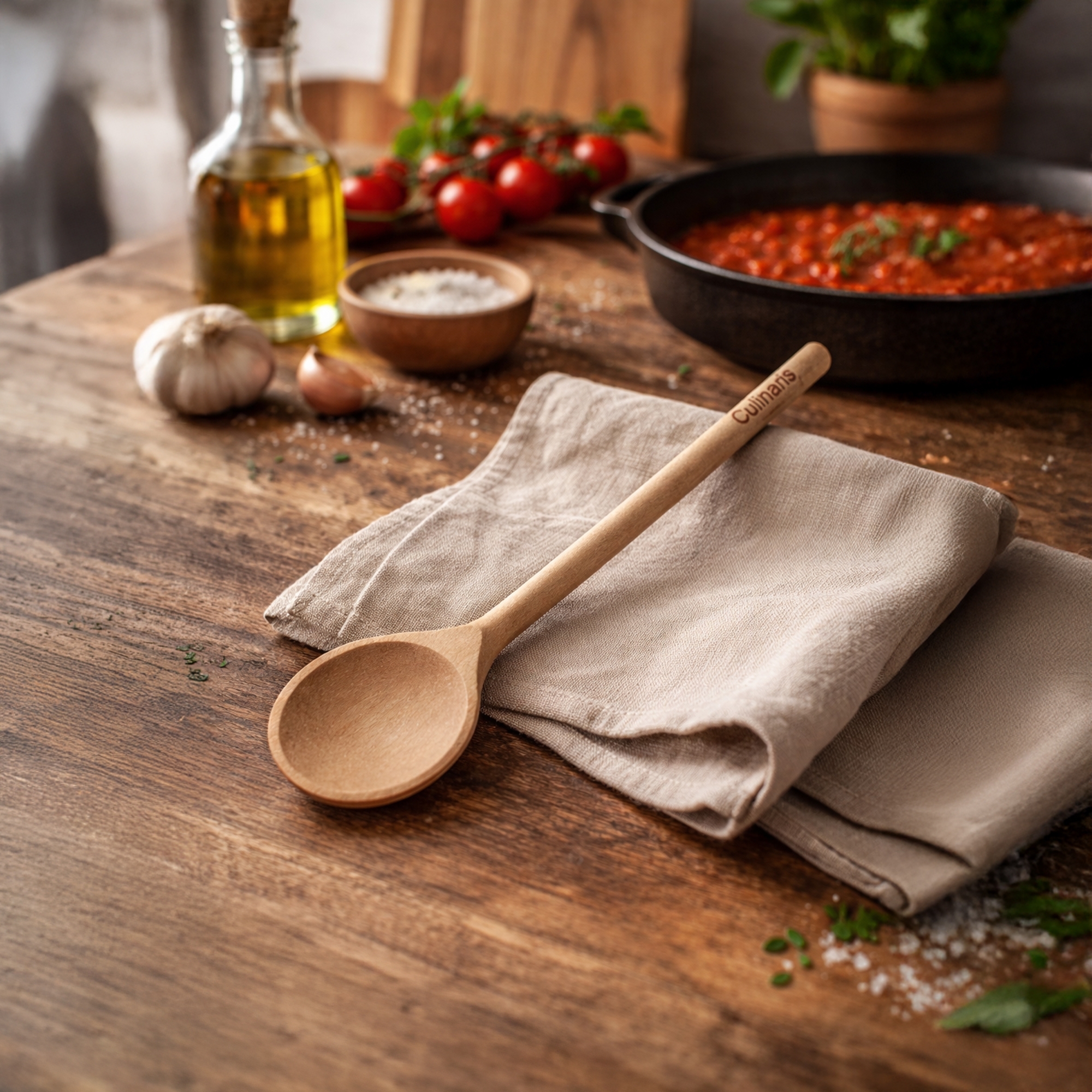 Round maple wood cooking spoon 20 cm on wooden table