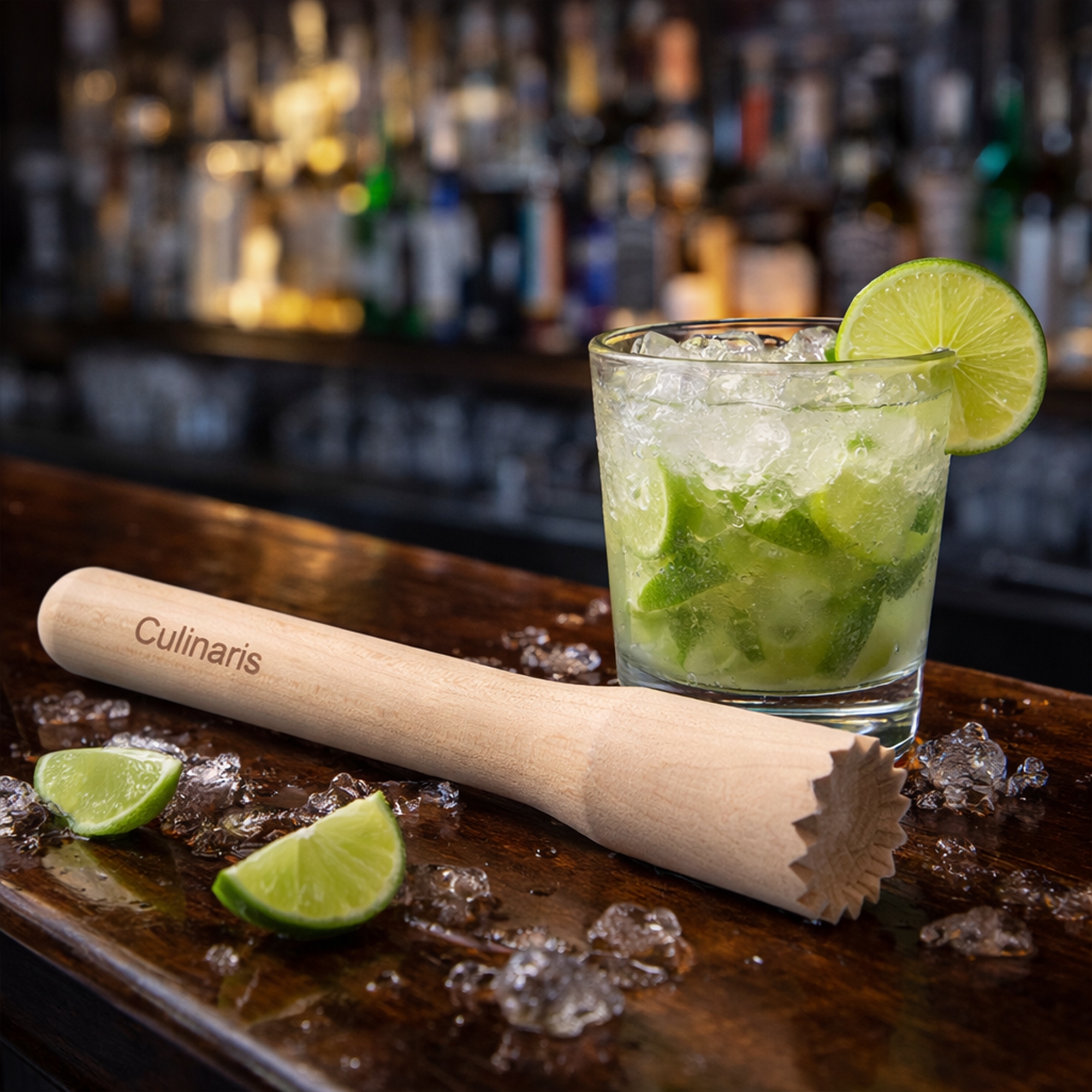 Culinaris beechwood Caipirinha muddler by cocktail glass