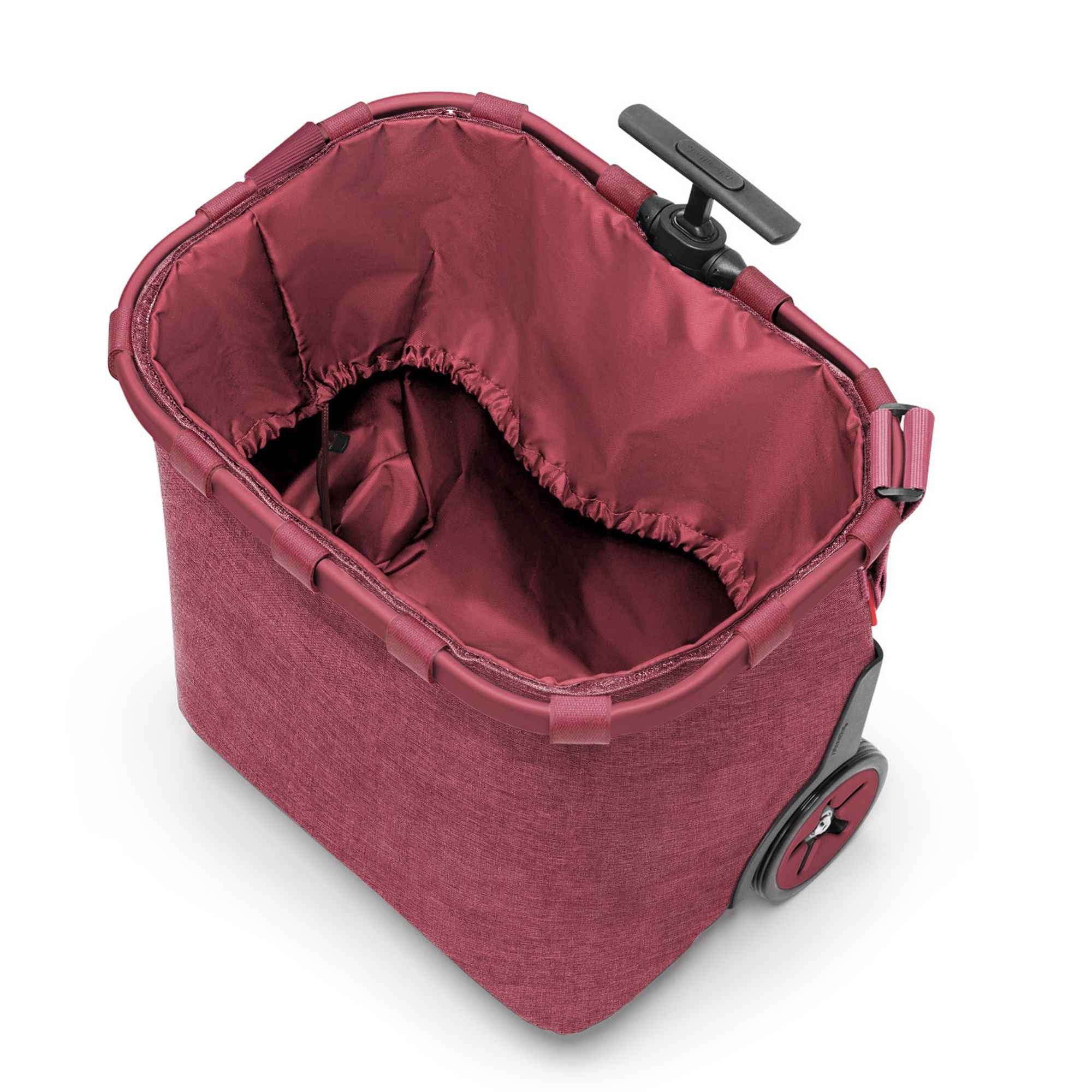 Burgundy shopping trolley with sturdy rolling basket