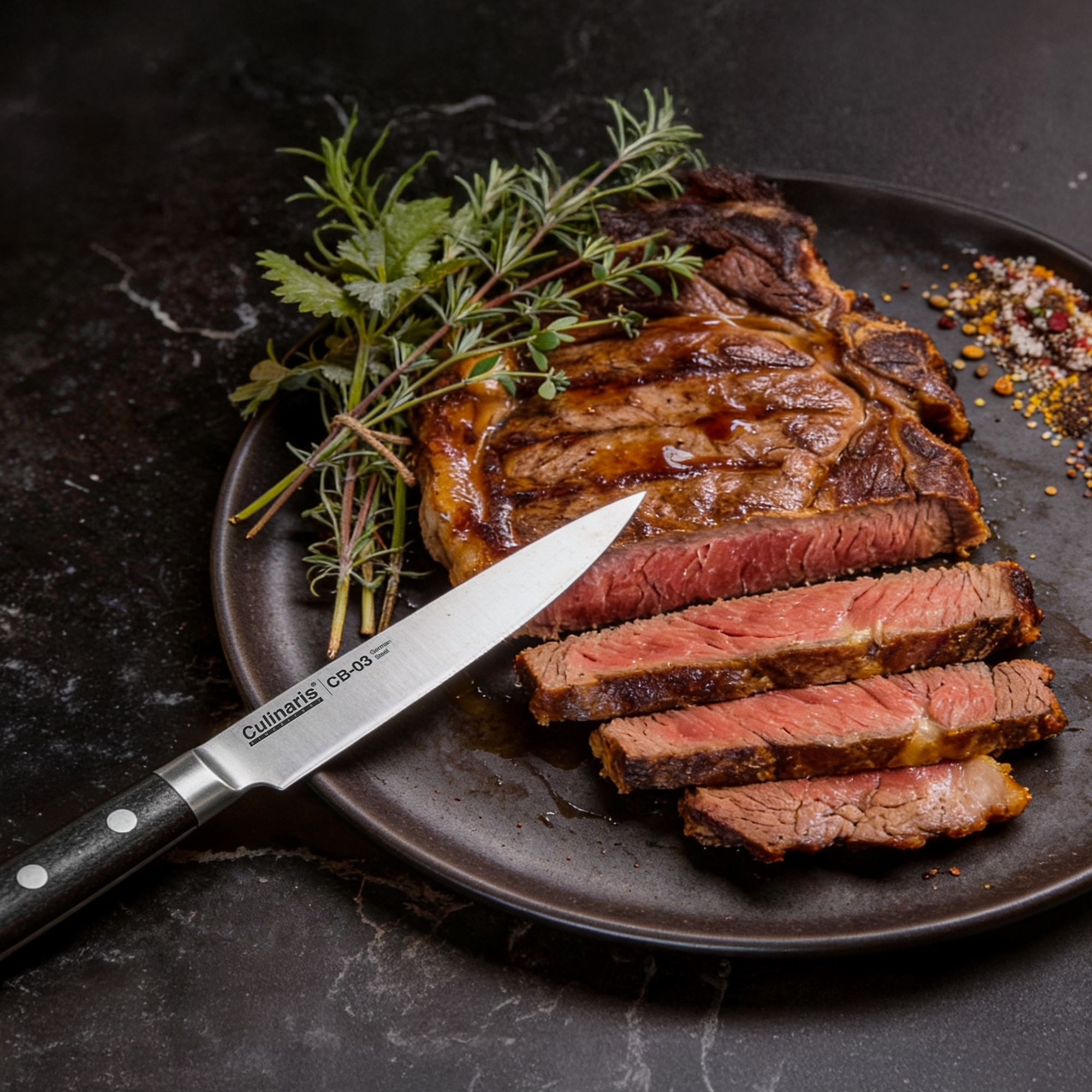 Culinaris Black Series CB-03 steak knife slicing steak