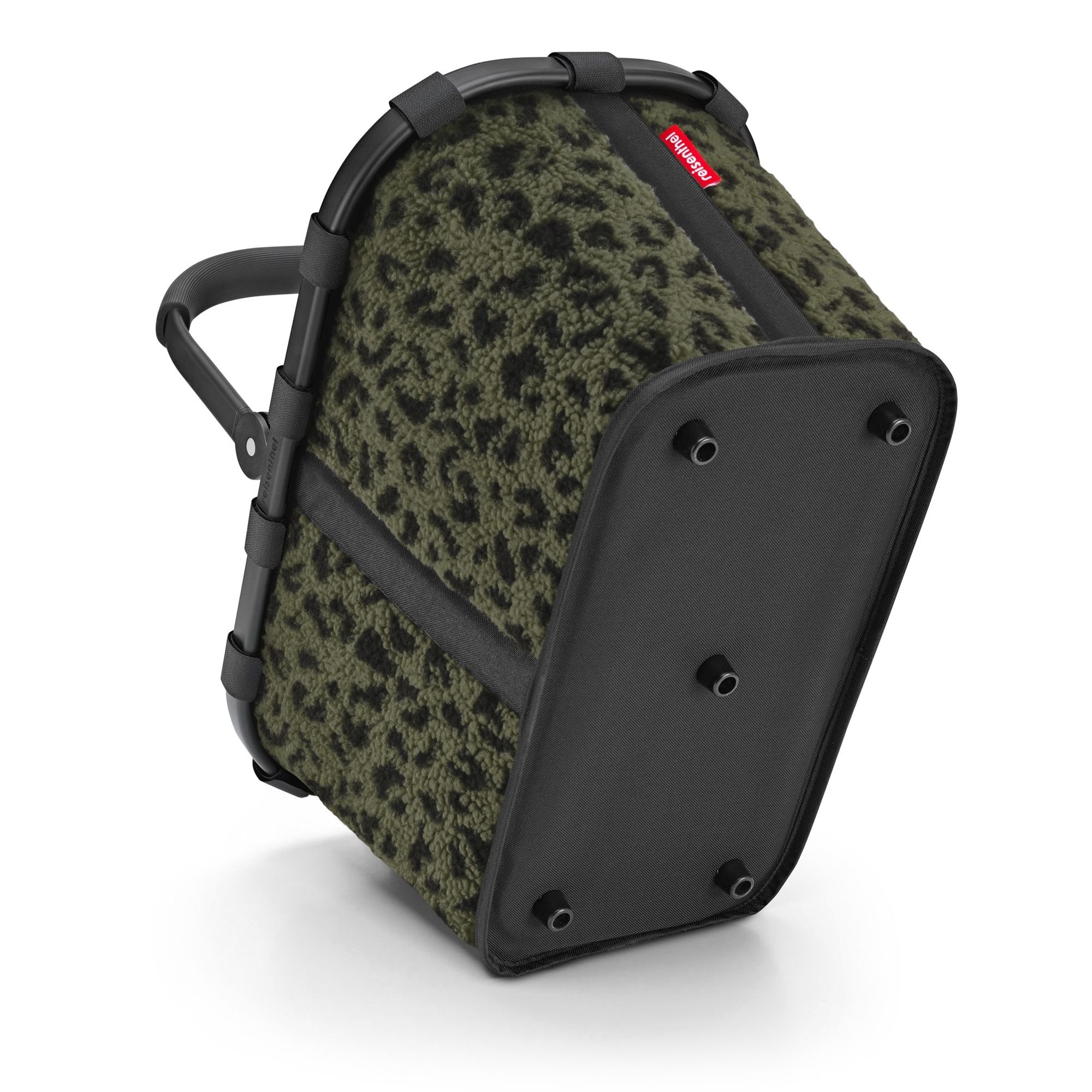 Fahrradkorb mit grünem Teddyfell und Leopardenmuster