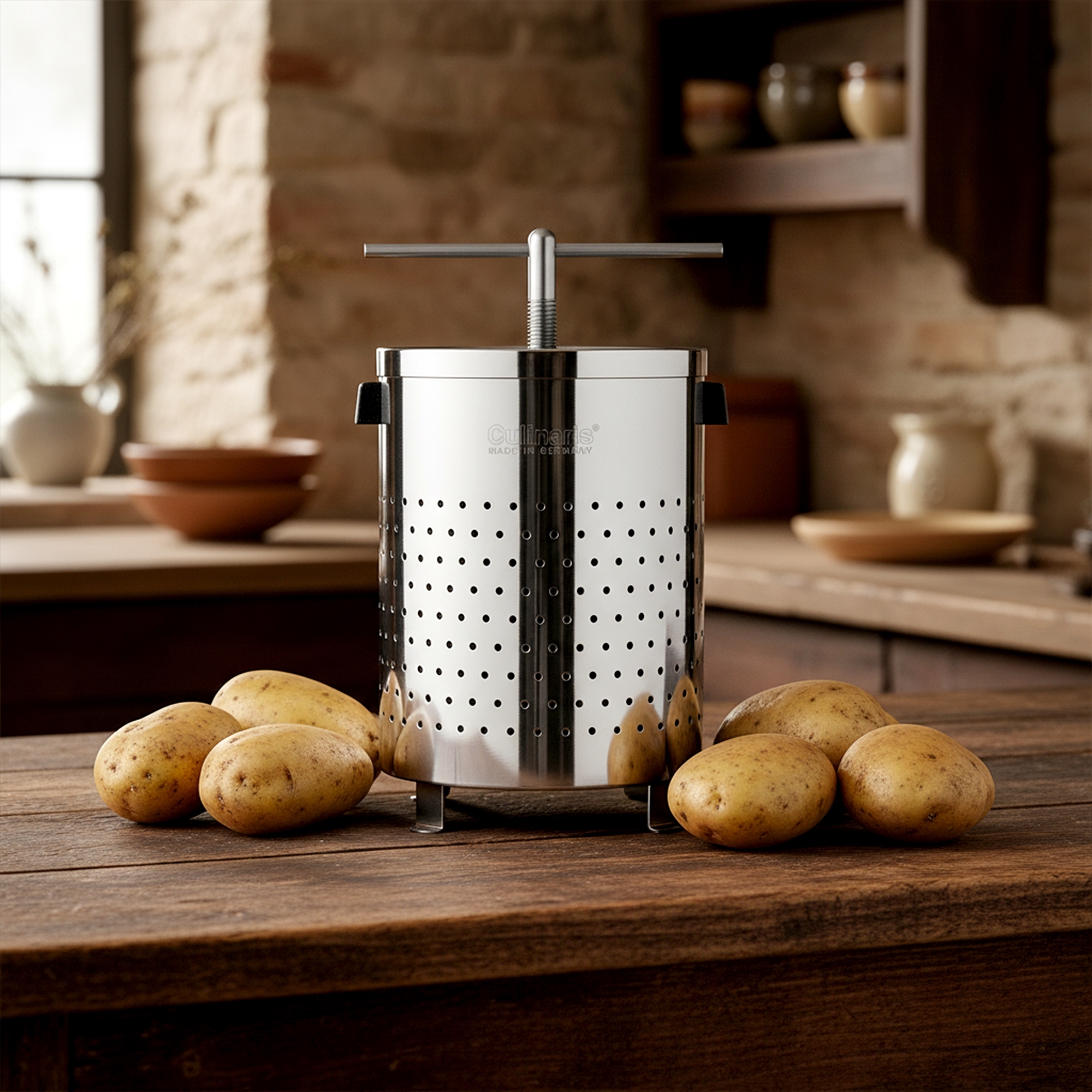 Robuste Edelstahl-Kartoffelpresse auf Holztisch