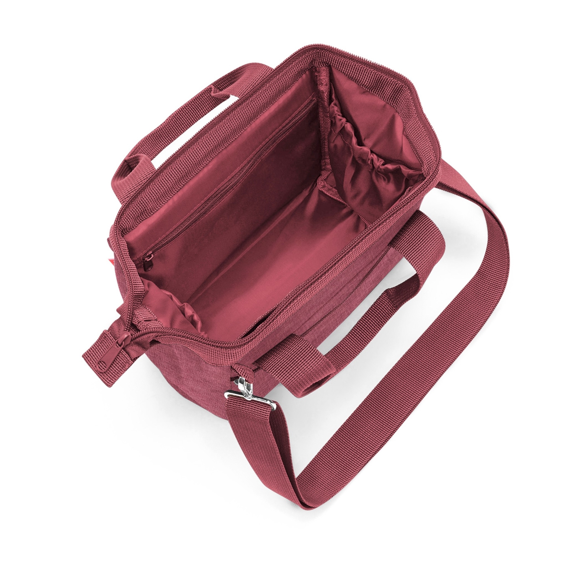 Open burgundy shoulder bag with compartments