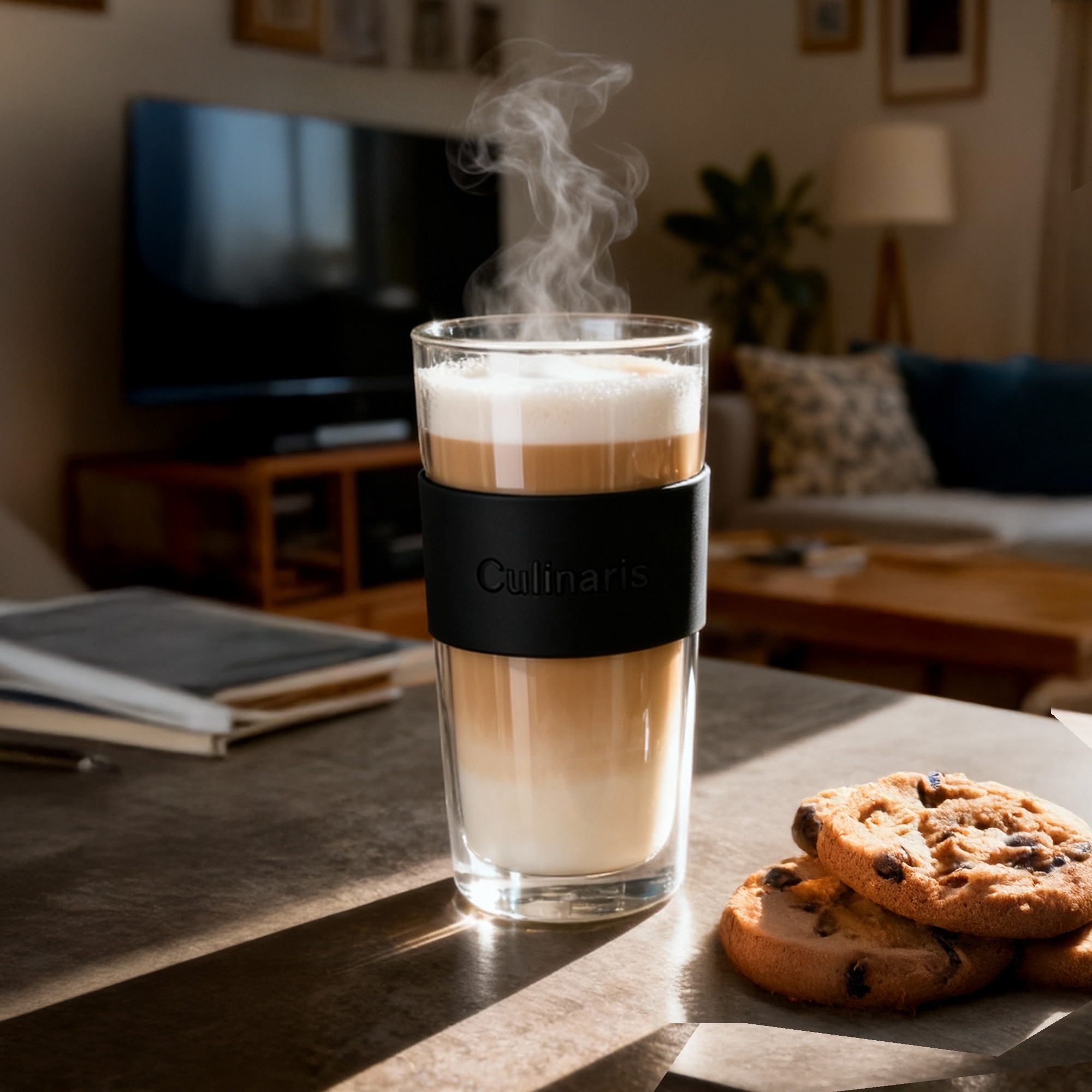 Hot latte macchiato in Culinaris glass with cookies