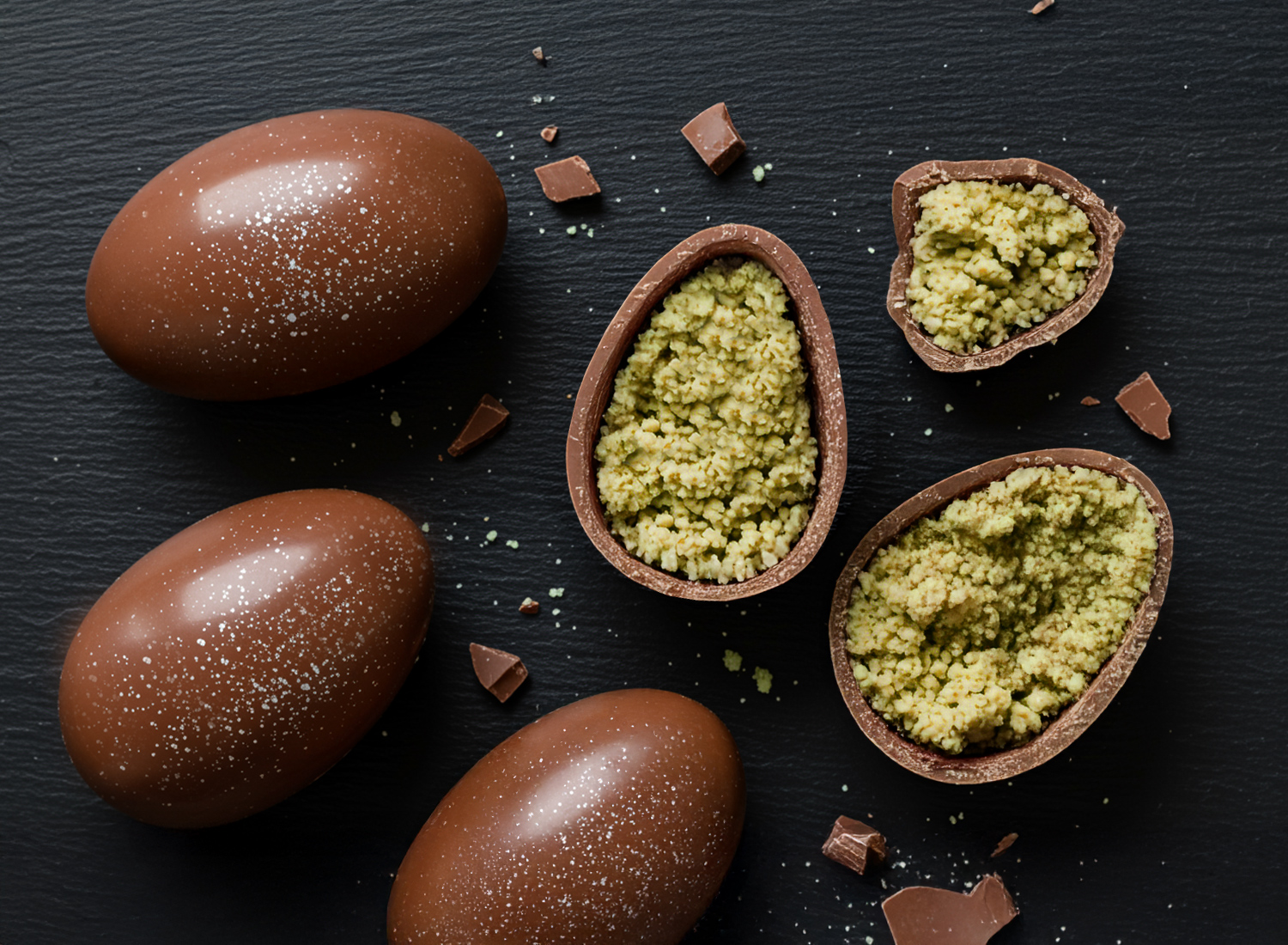 Gefüllte Vollmilchschokoladen-Eier mit Pistaziencreme