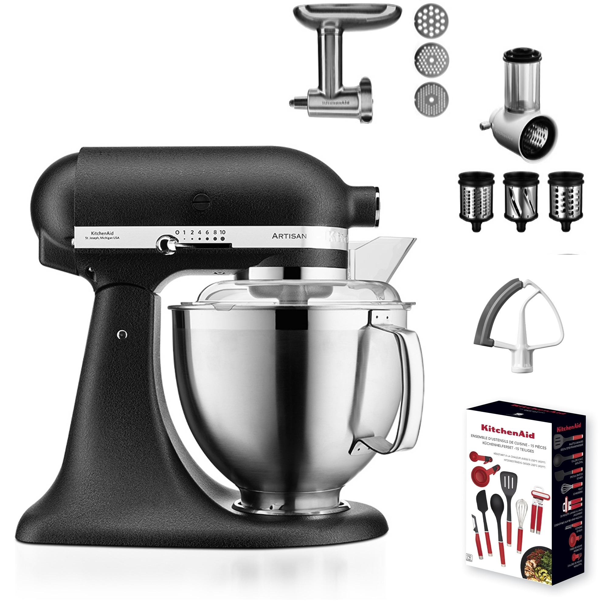 KitchenAid - Artisan Küchenmaschine 5KSM185PS -  Set - Gusseisen schwarz