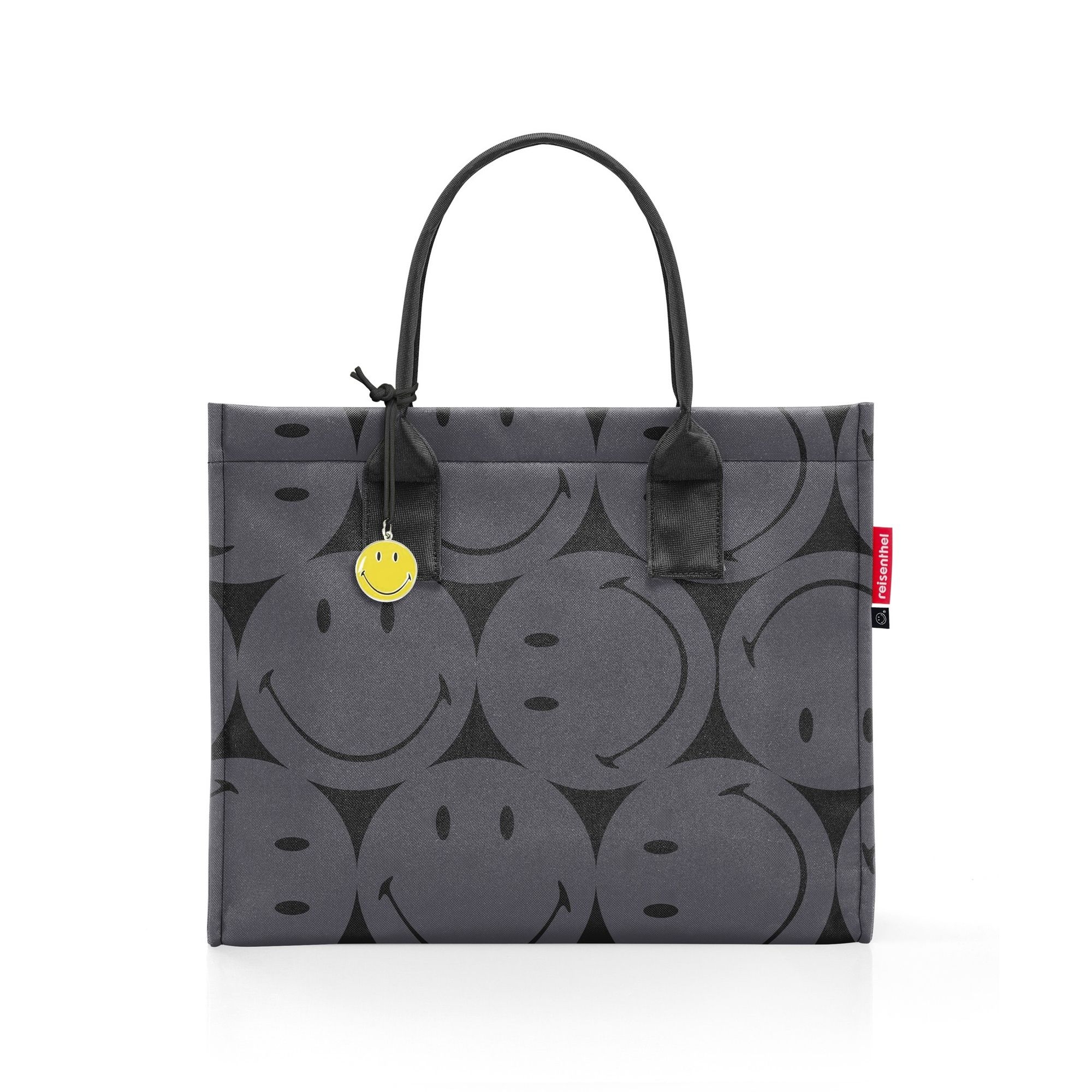 Grey shopping bag with black smileys and small charm