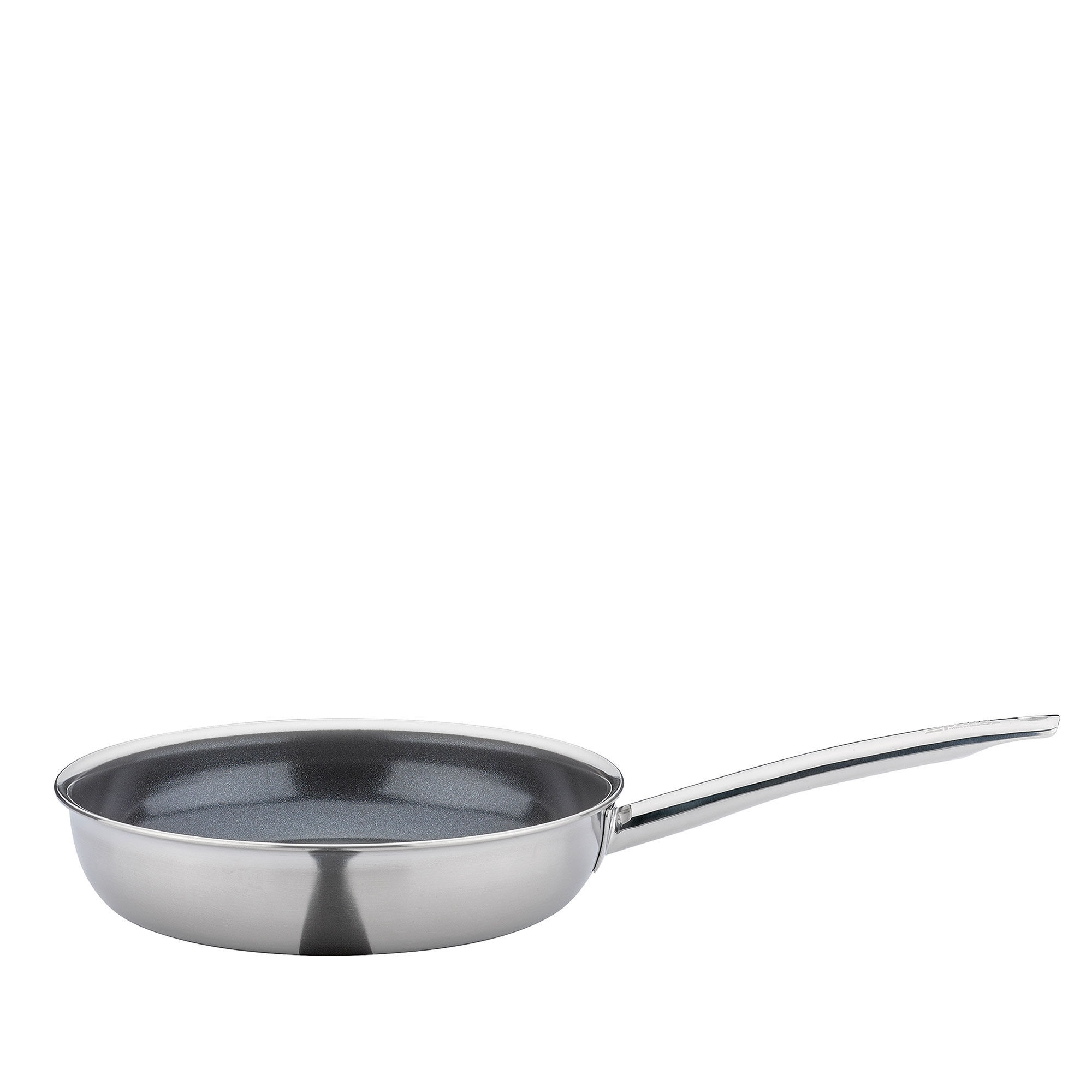 Side view of a stainless steel frying pan