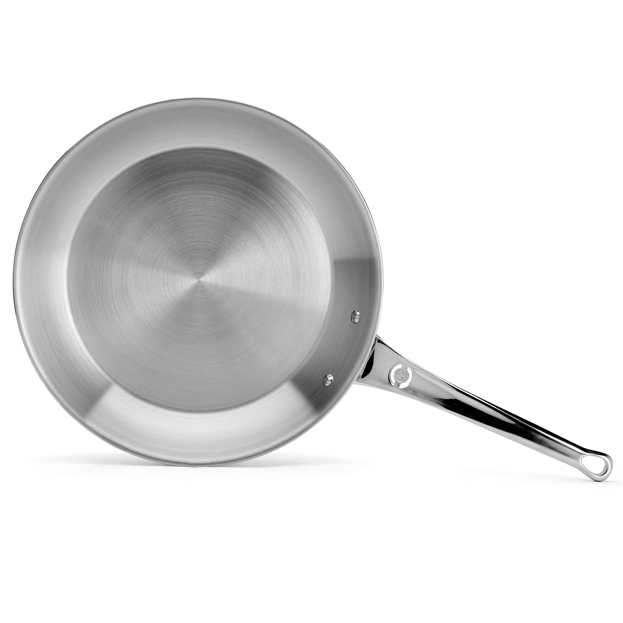 Round stainless steel frying pan, top view