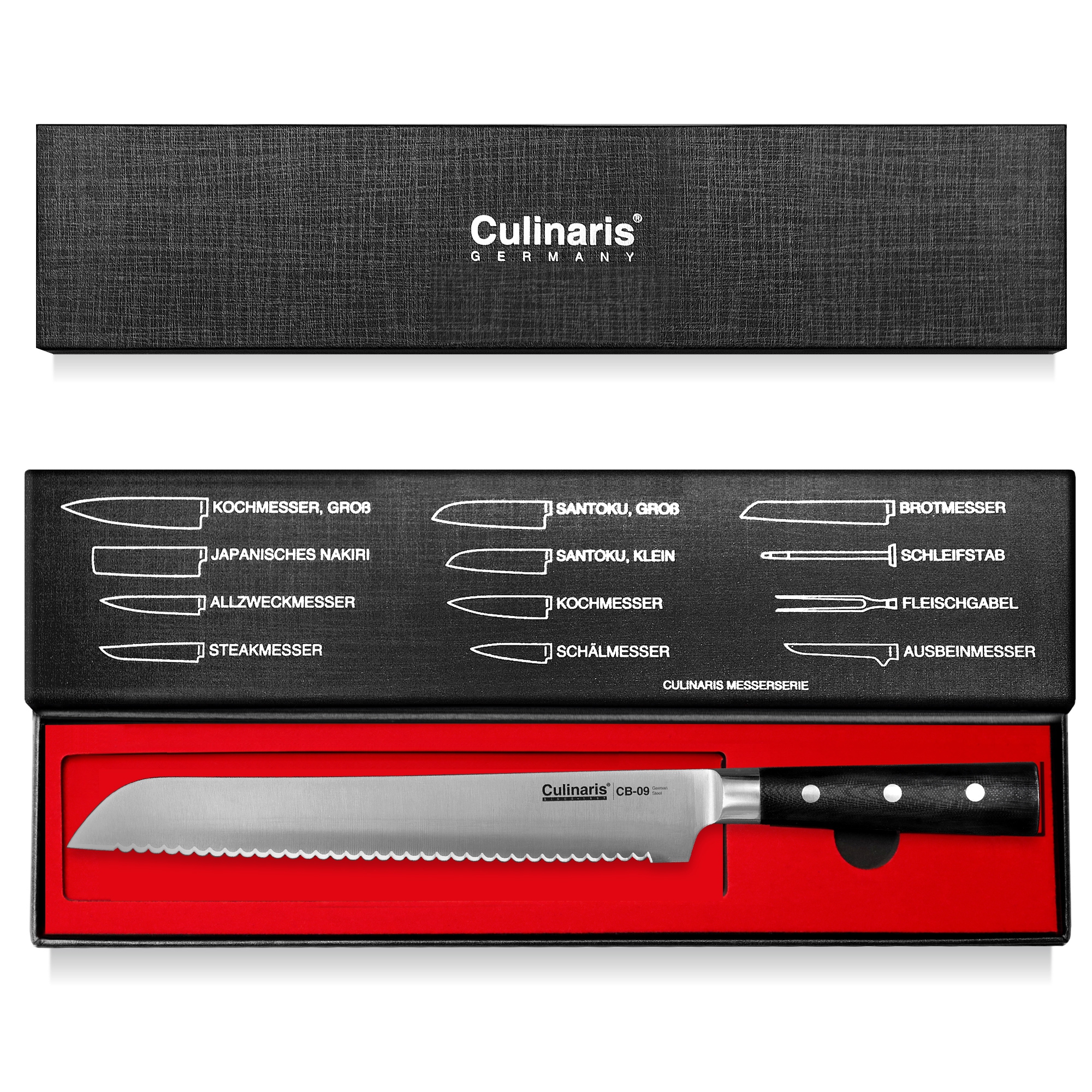 Culinaris - Messer-Set - Kochmesser CB-08 + Schälmesser CB-01 + Nakiri CB-06 + Brotmesser CB-09 + Magnet-Messerleiste CB-14