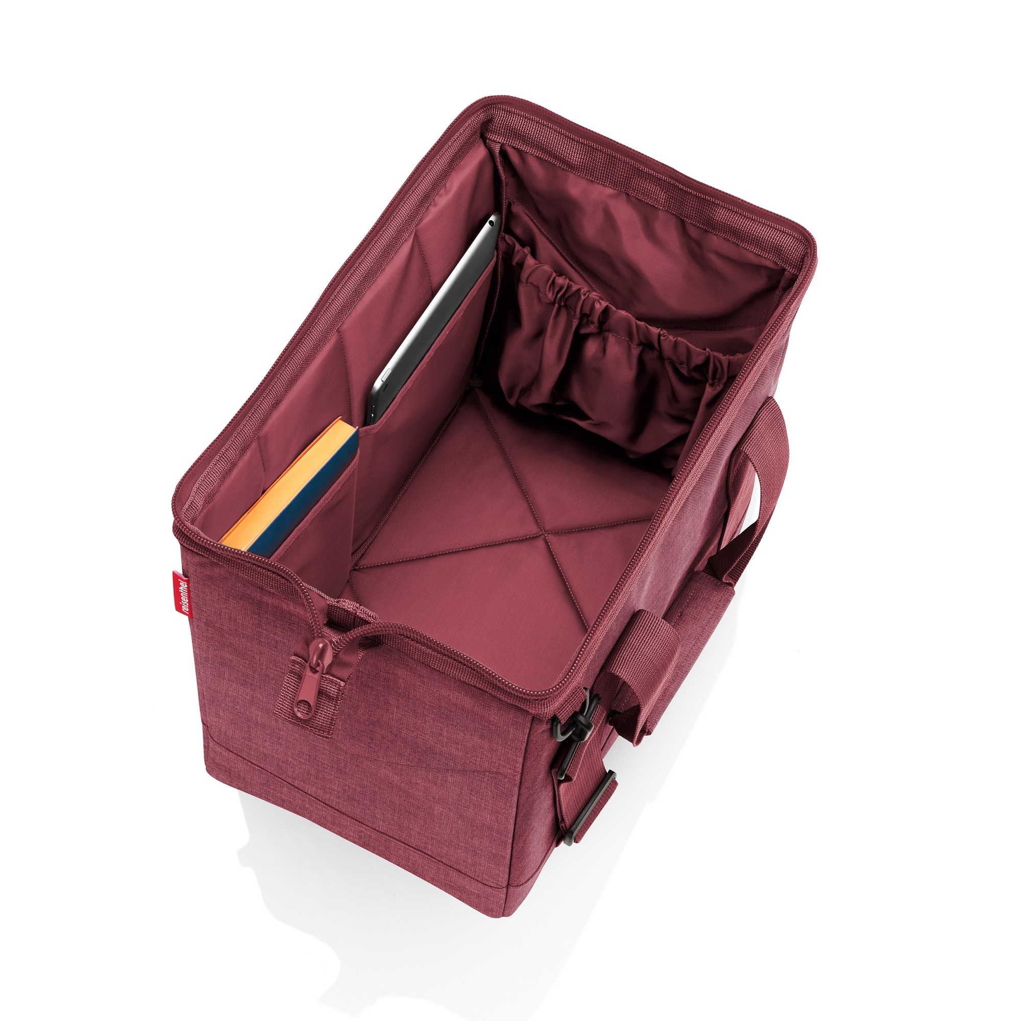 Open burgundy folding box bag with inner pockets