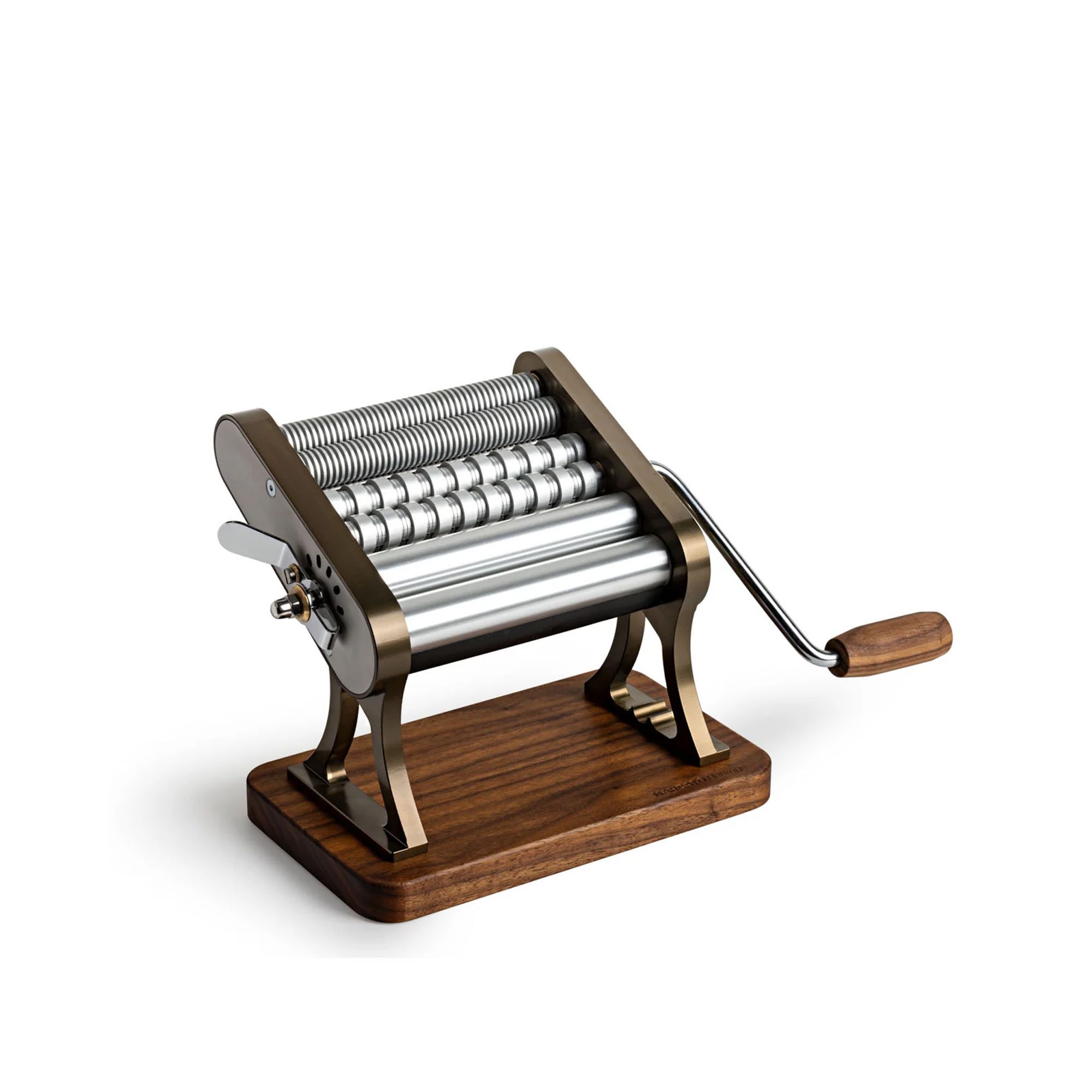 Manual metal roller machine on wooden base
