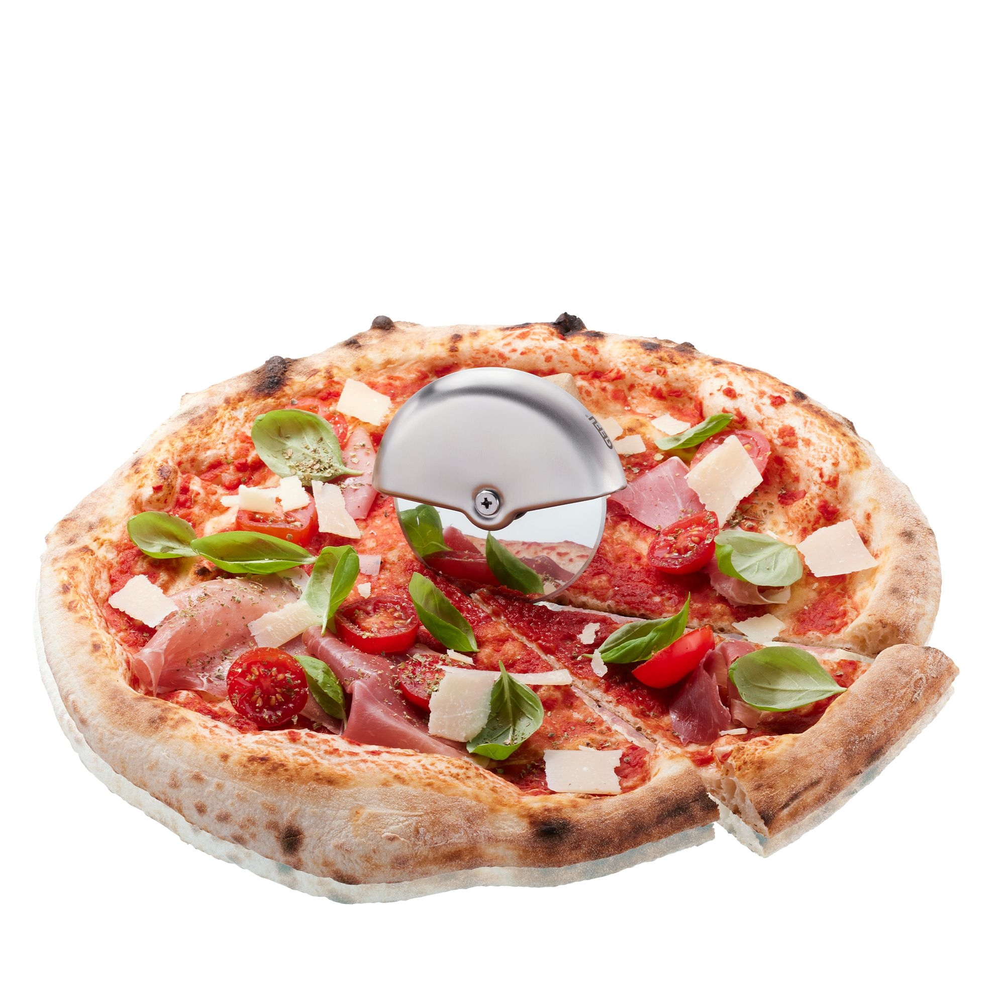 Round pizza cutter slicing topped pizza