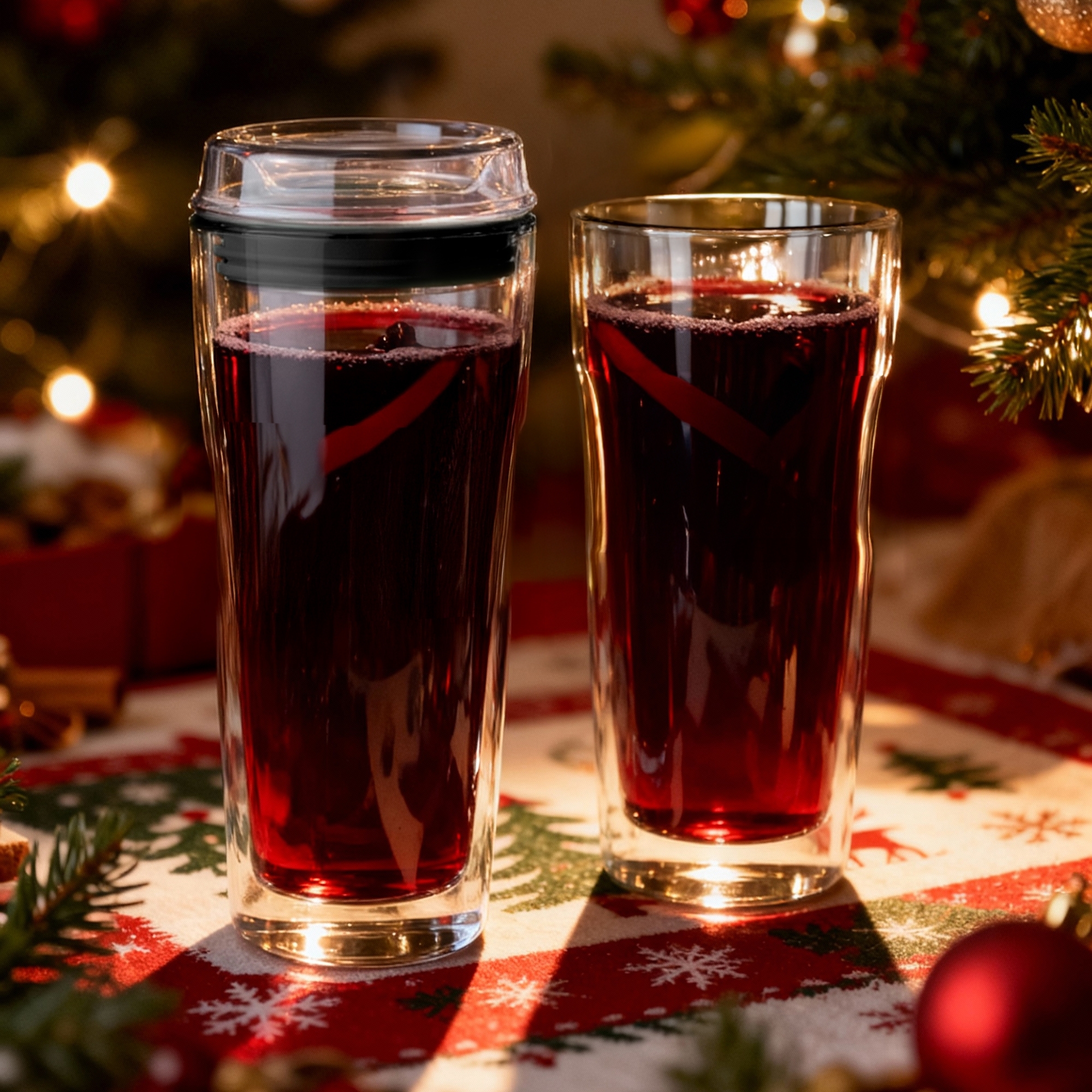 Two glasses of red mulled wine on a festive table