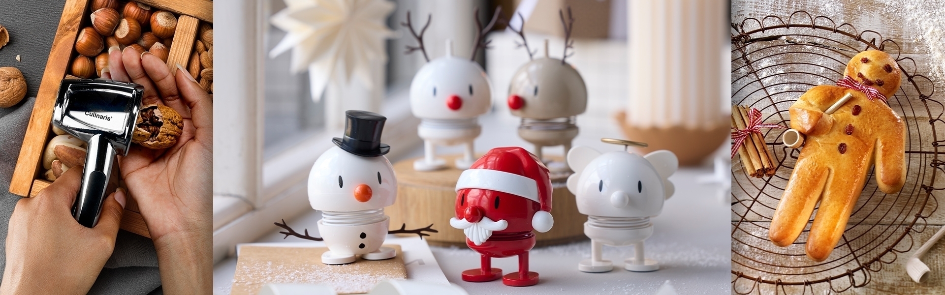 Nussknacker, Weihnachtsfiguren und Gebäck auf einem Tisch