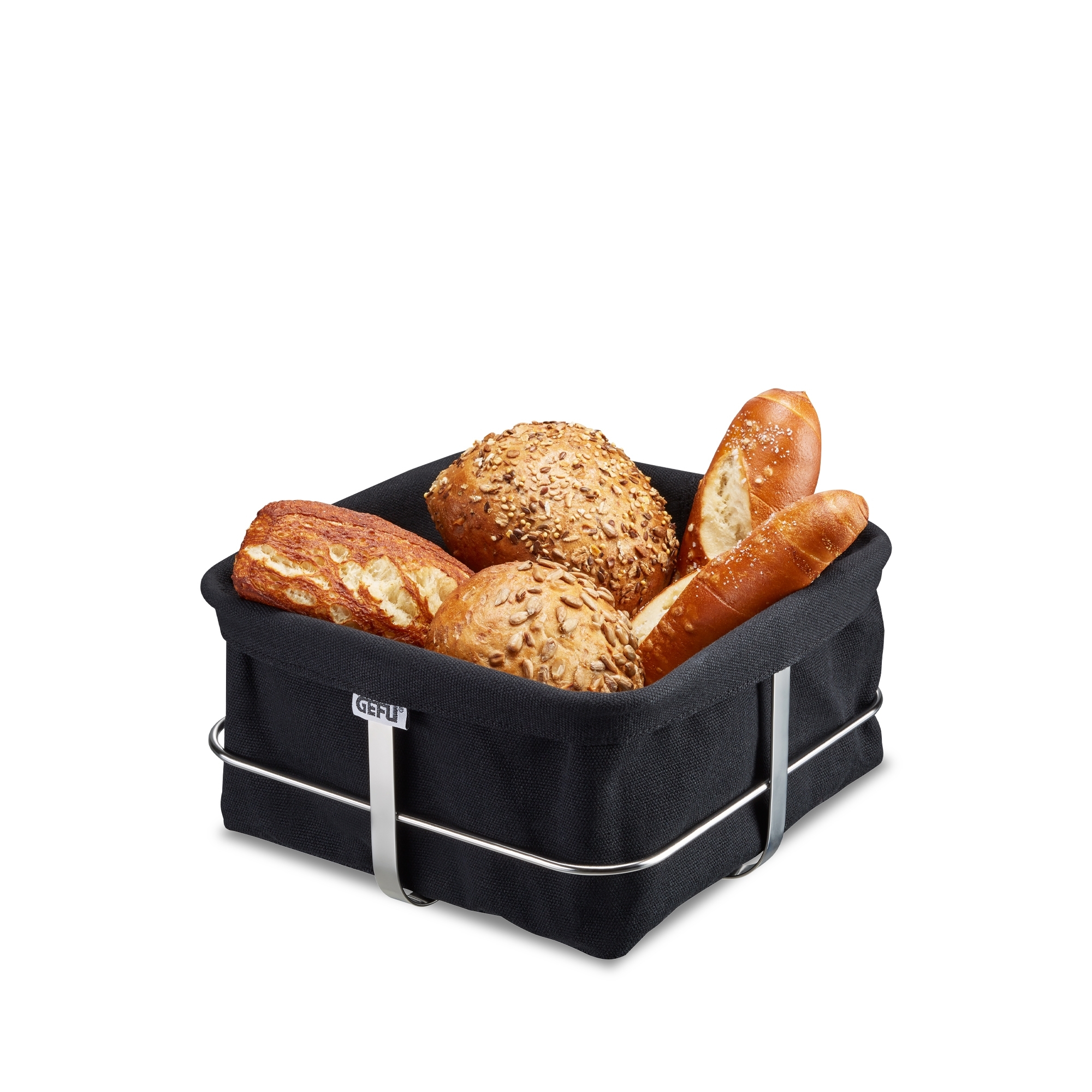 GEFU BRUNCH square black bread basket with rolls