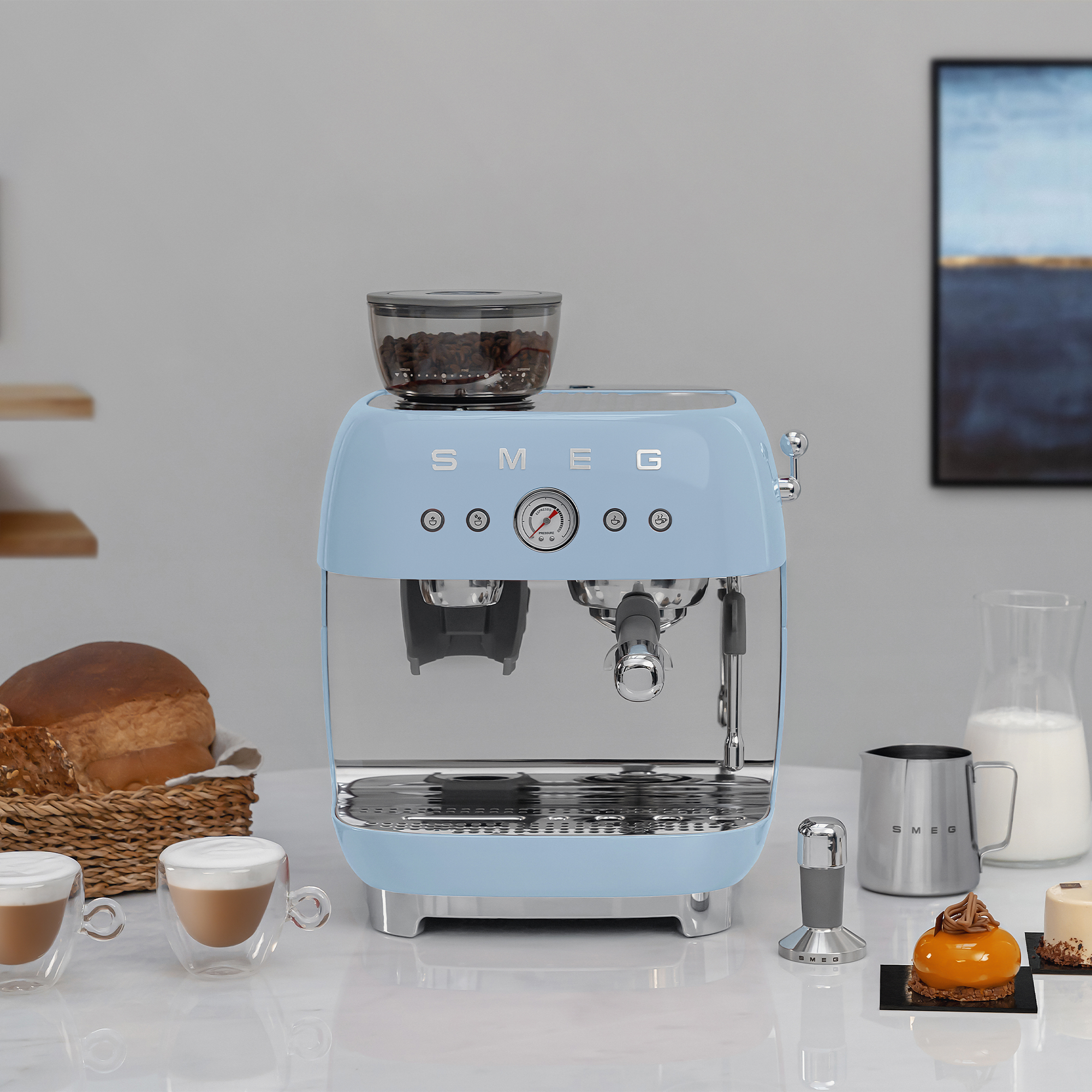 SMEG espresso machine with grinder 50's style - pastel blue