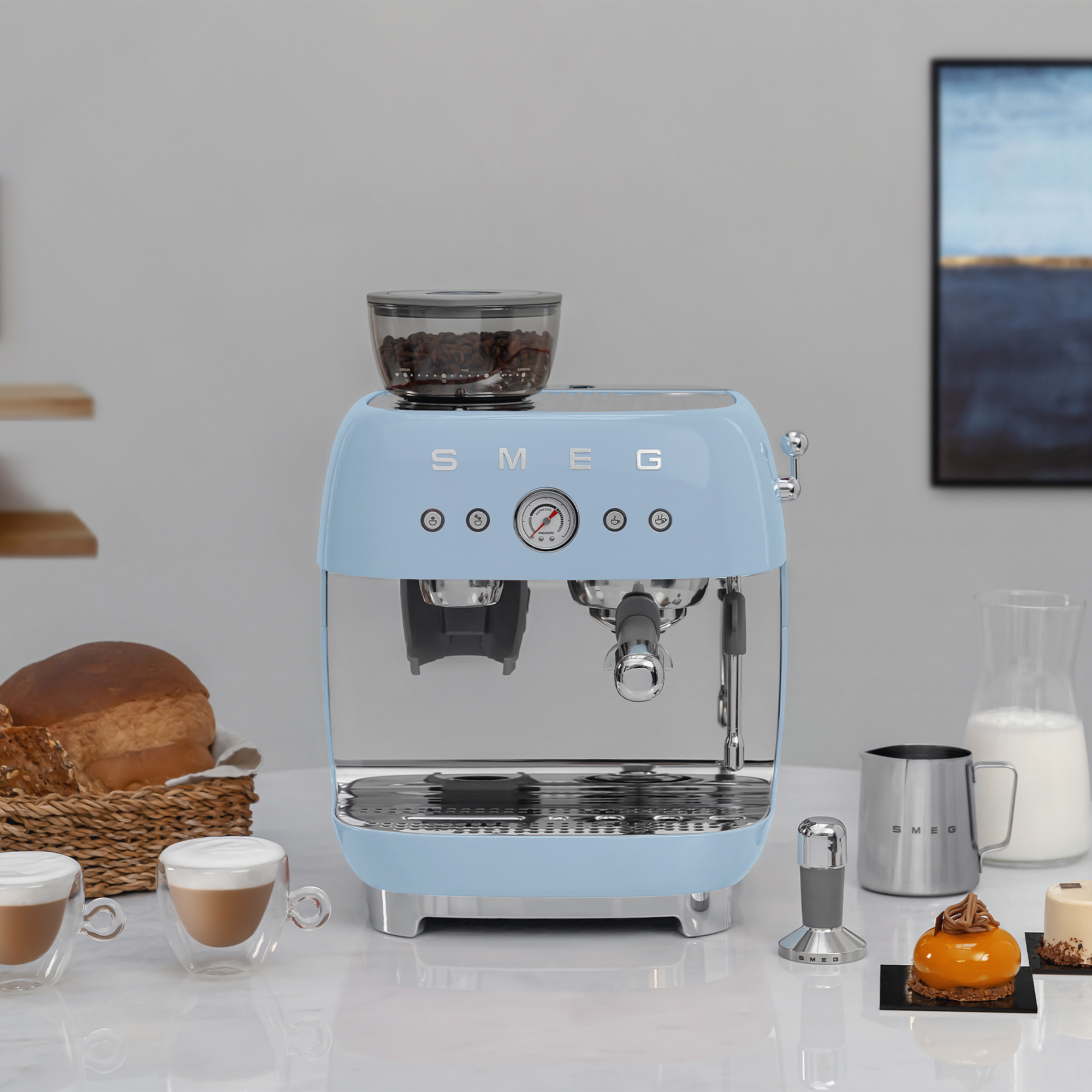 SMEG Espressomaschine mit Mahlwerk 50's Style - pastellblau