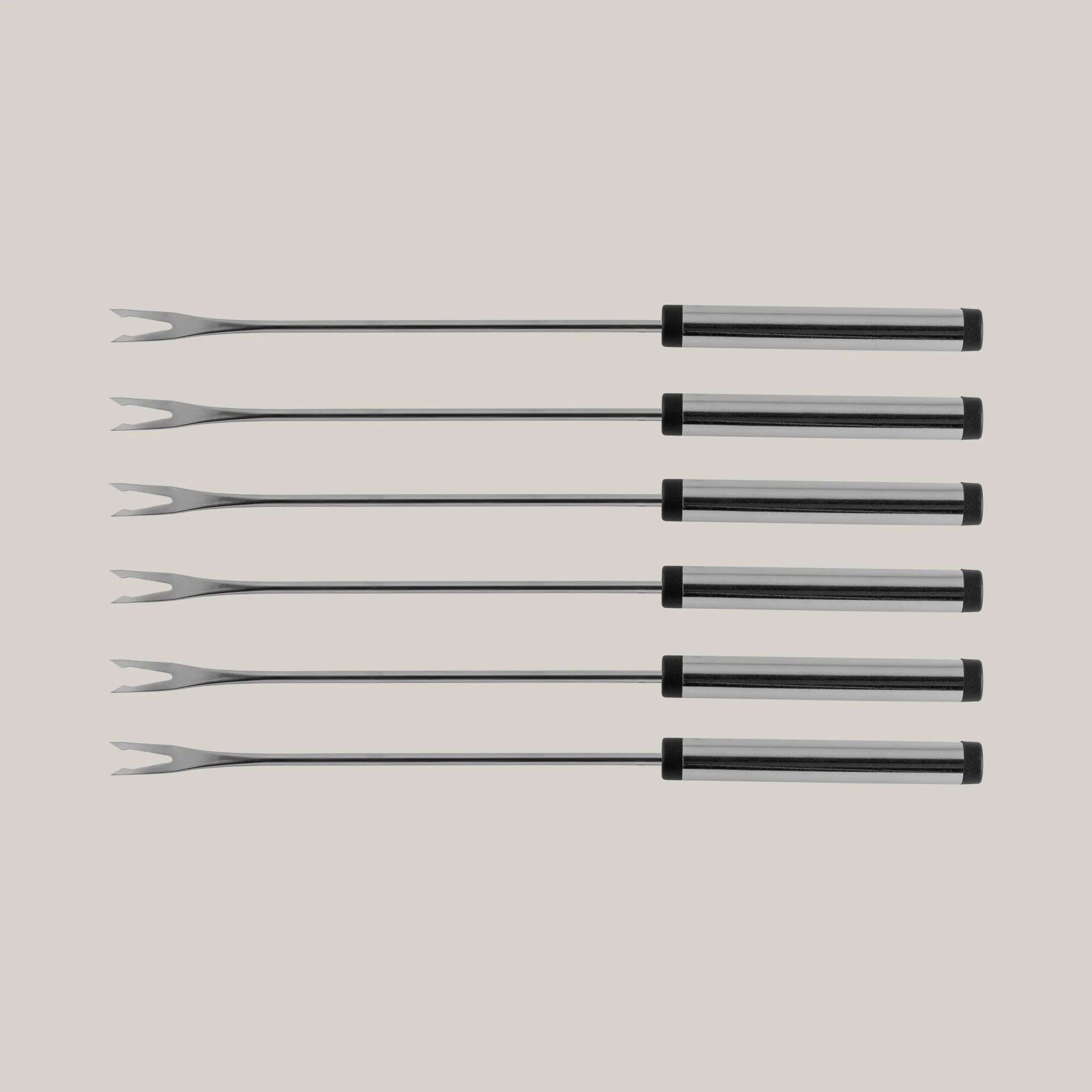 Six long stainless steel fondue forks with handle