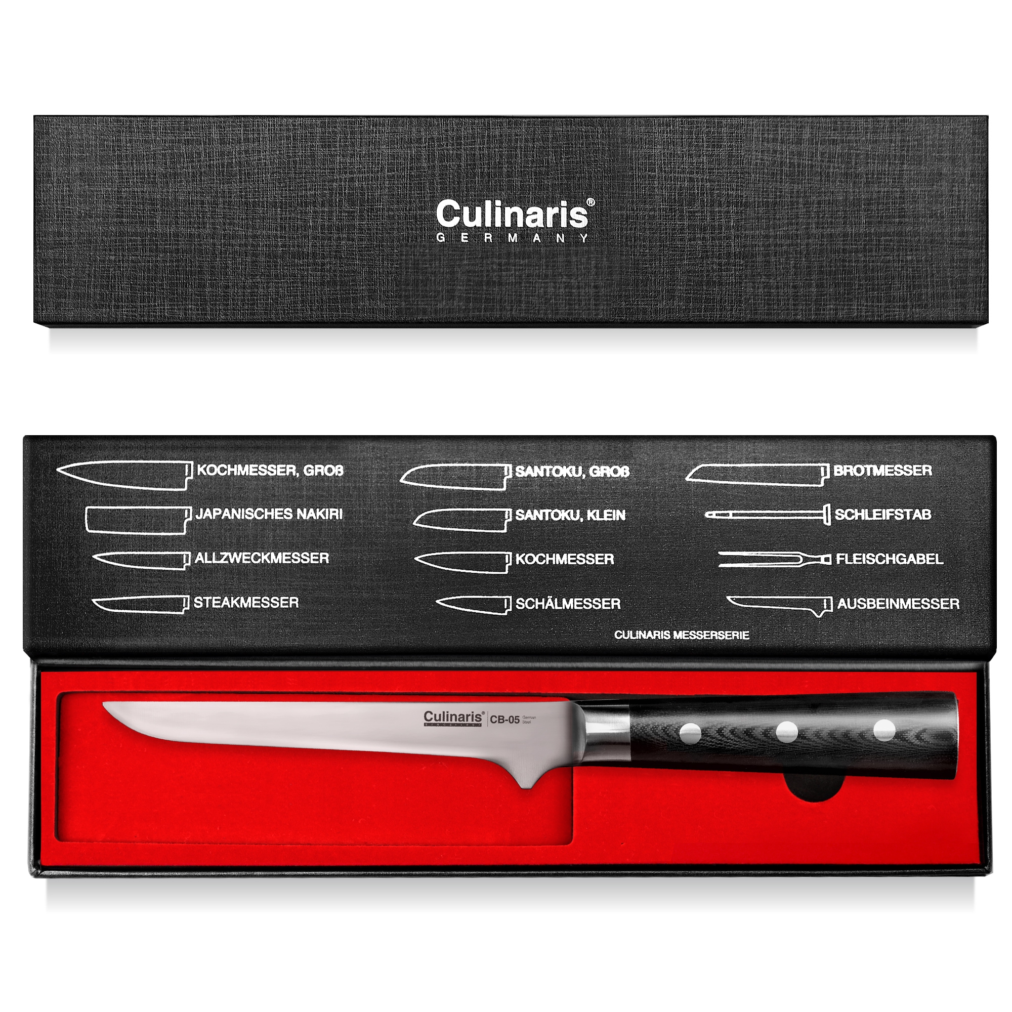 Culinaris - Messer-Set - Kochmesser CB-08 + Schälmesser CB-01 + Ausbeinmesser CB-05 + Messerblock CB-13
