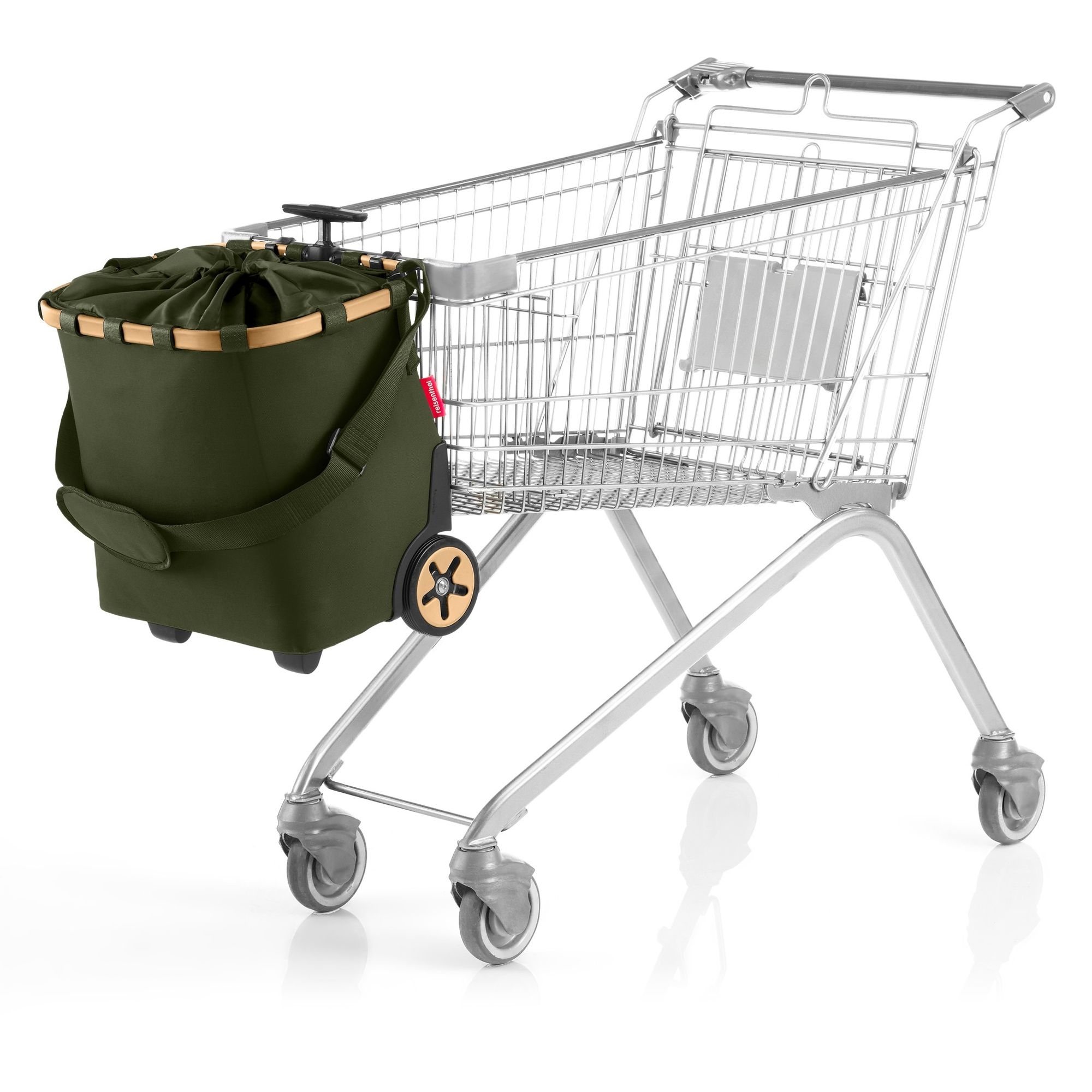 Olive shopping trolley attached to shopping cart