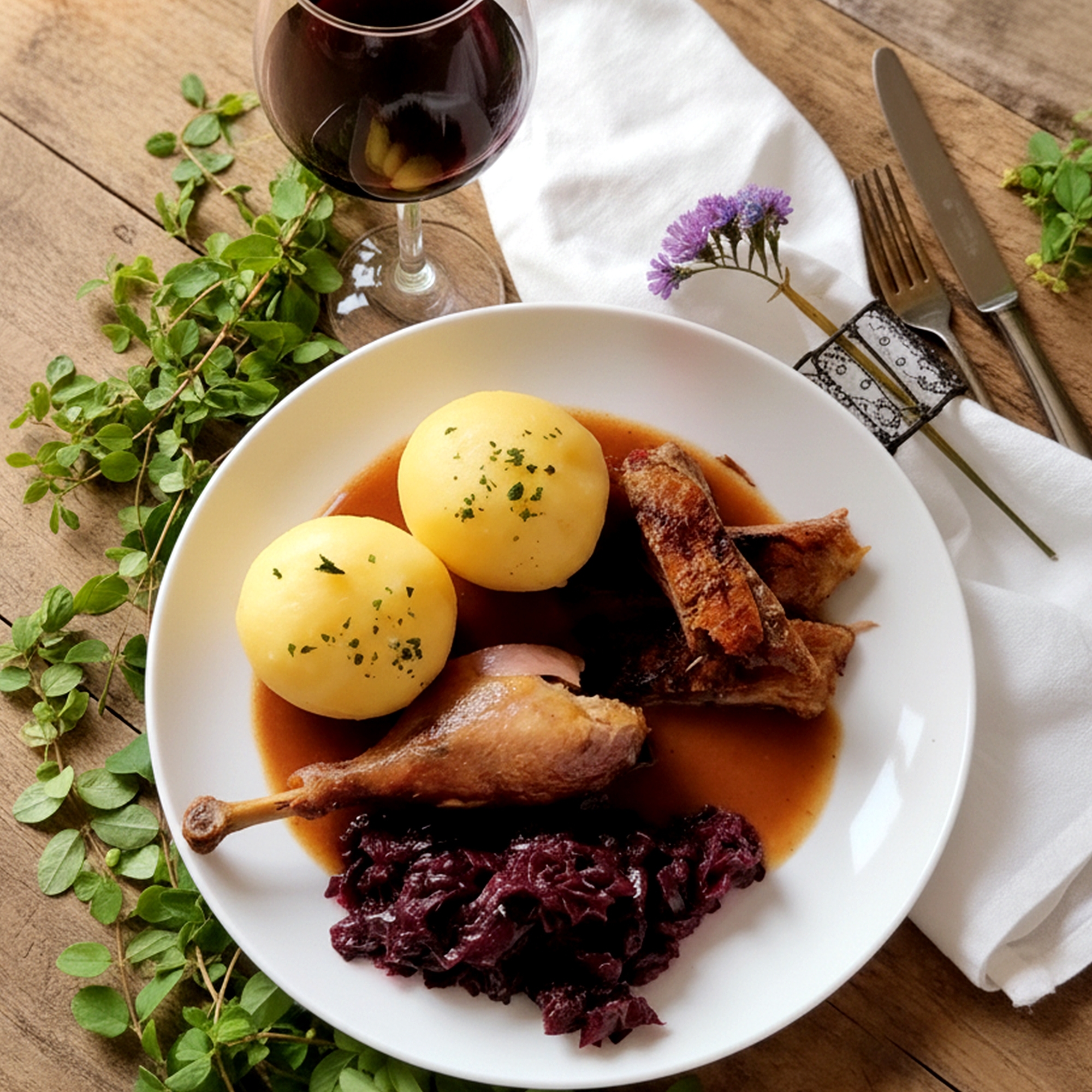 Served roast duck with dumplings, red cabbage and gravy