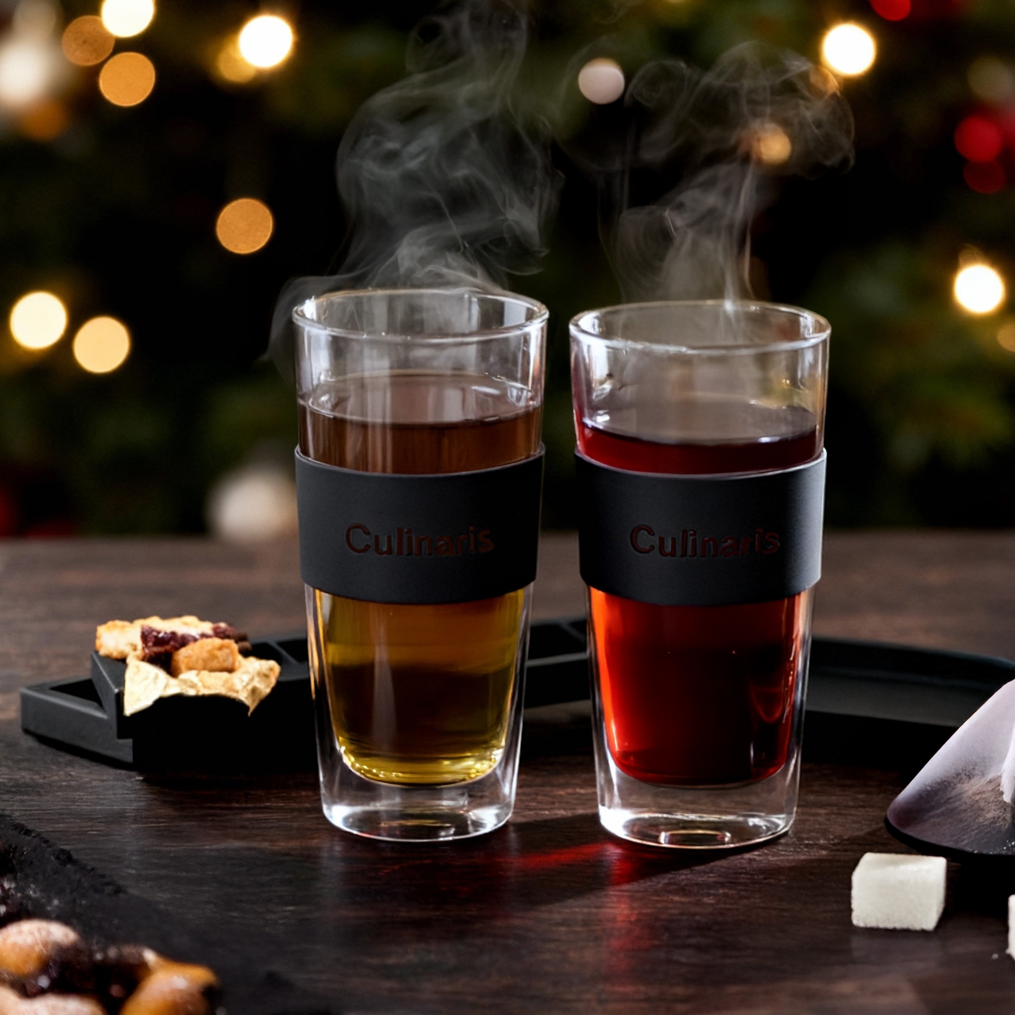 Zwei heiße Getränke in Gläsern mit Silikonband am Tisch