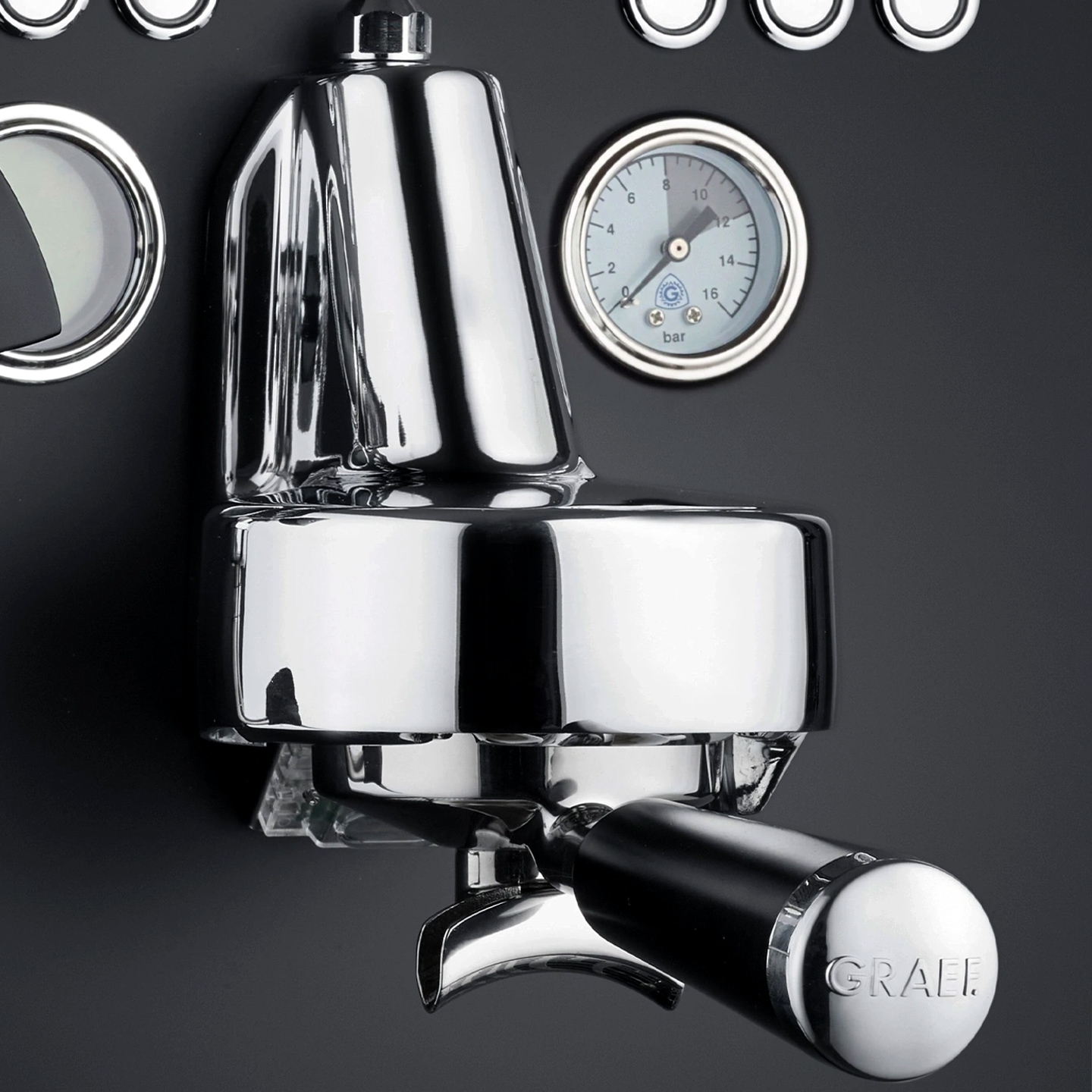 Close-up of a Graef portafilter espresso machine