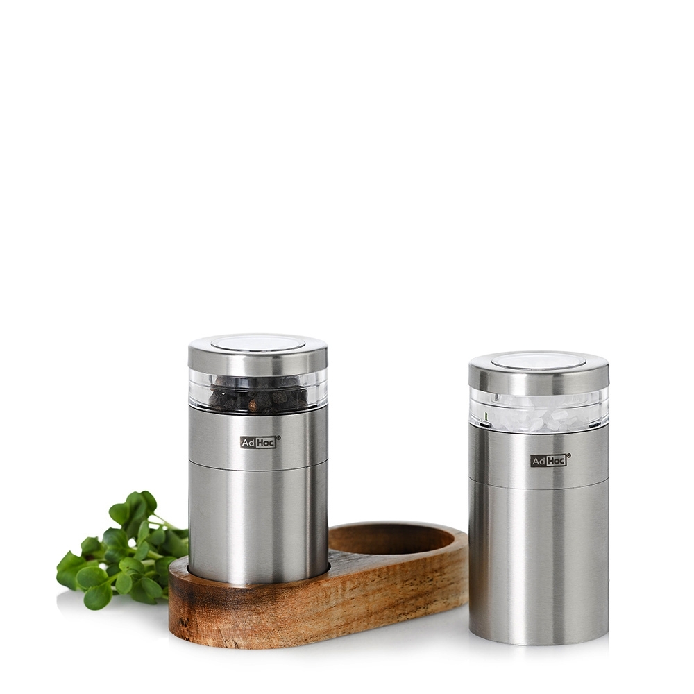 Adhoc MENAGE MOLTO salt and pepper mills with acacia tray