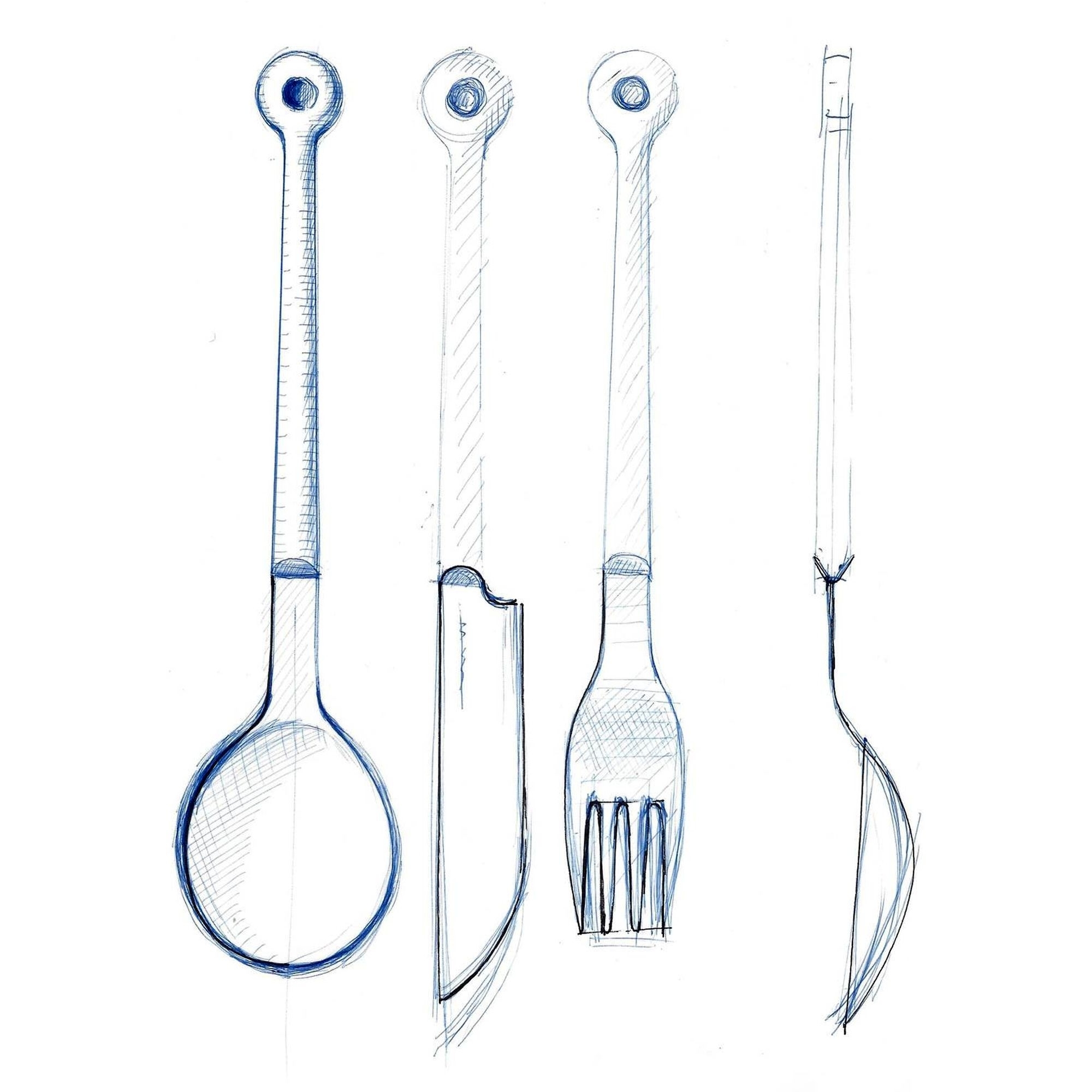 Designskizze von Löffel, Messer und Gabel