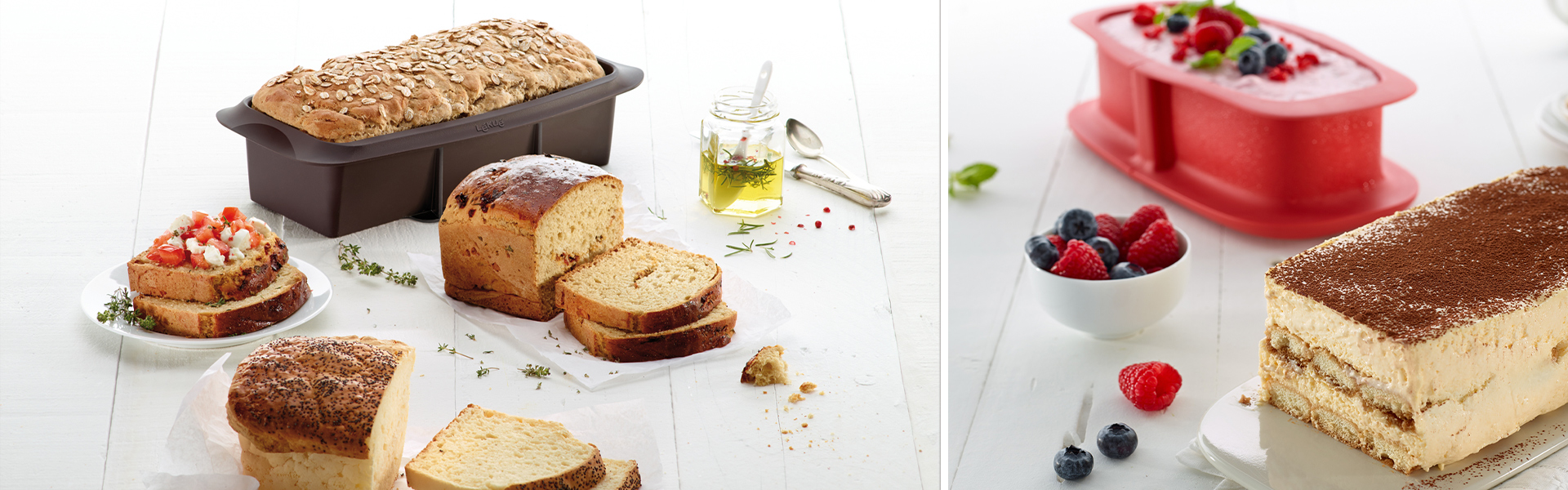 Oven-safe silicone loaf tin with bread and dessert