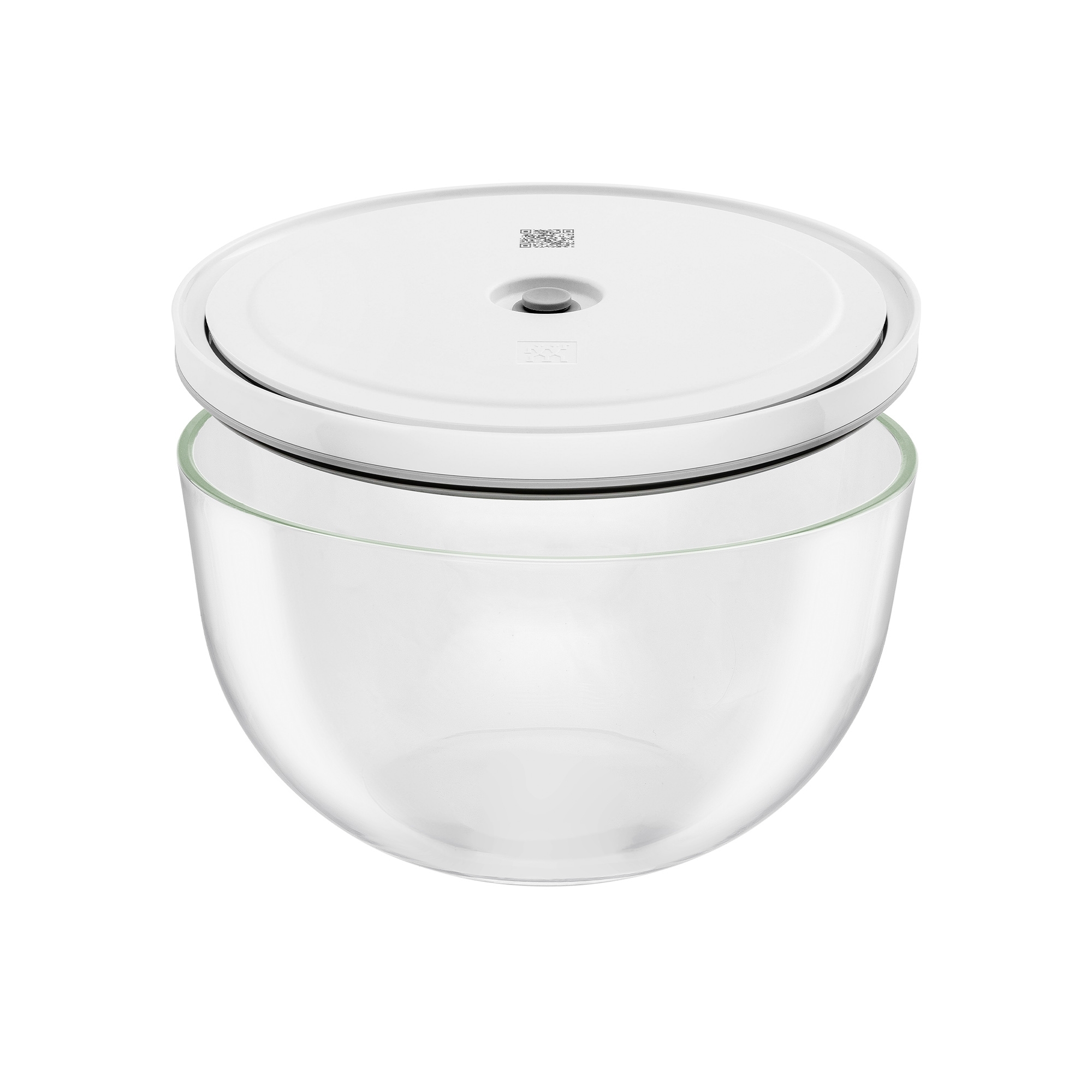 Glasbehälter mit weißem Kunststoffdeckel und Deckelgriff