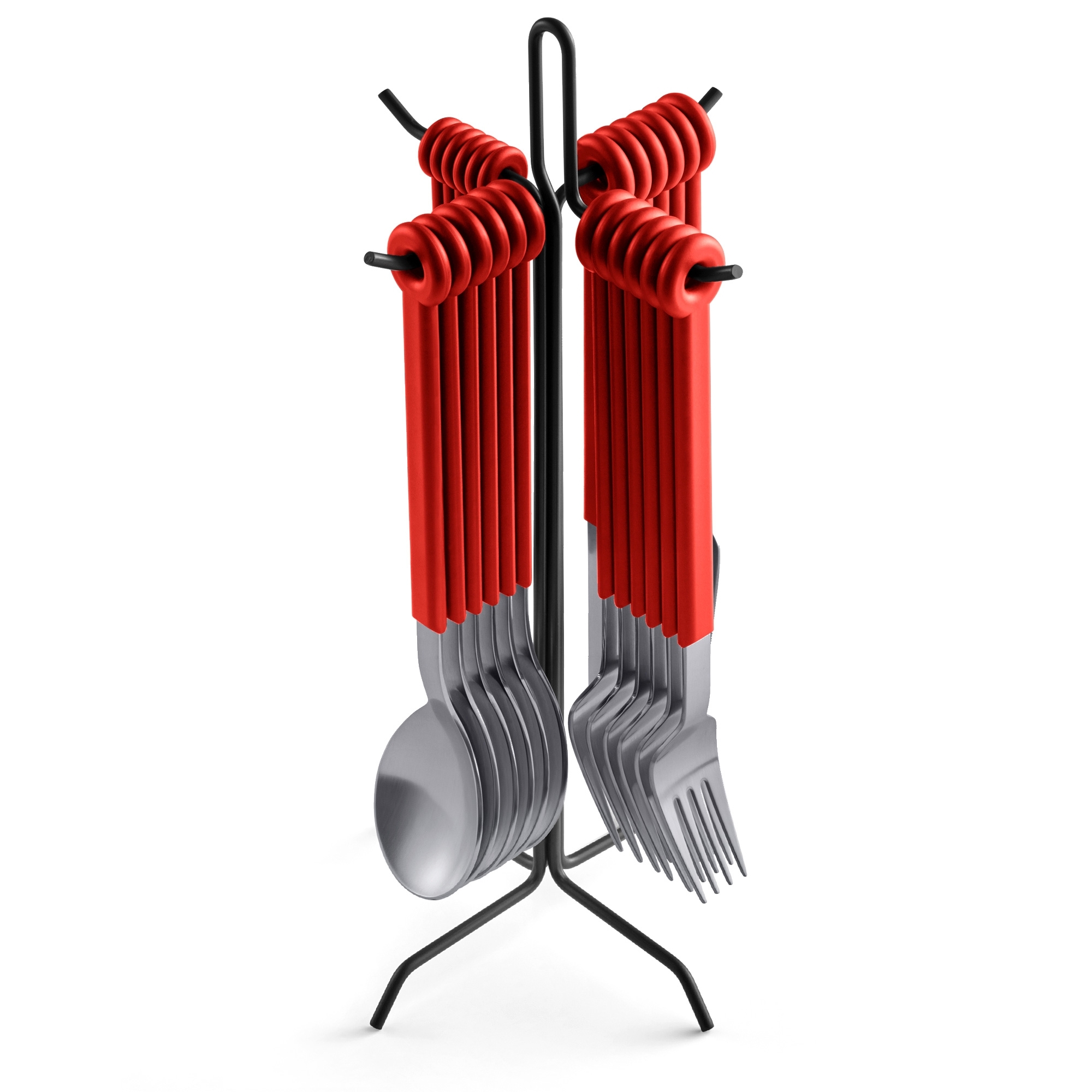 Modernes Besteckset mit roten Griffen am Ständer