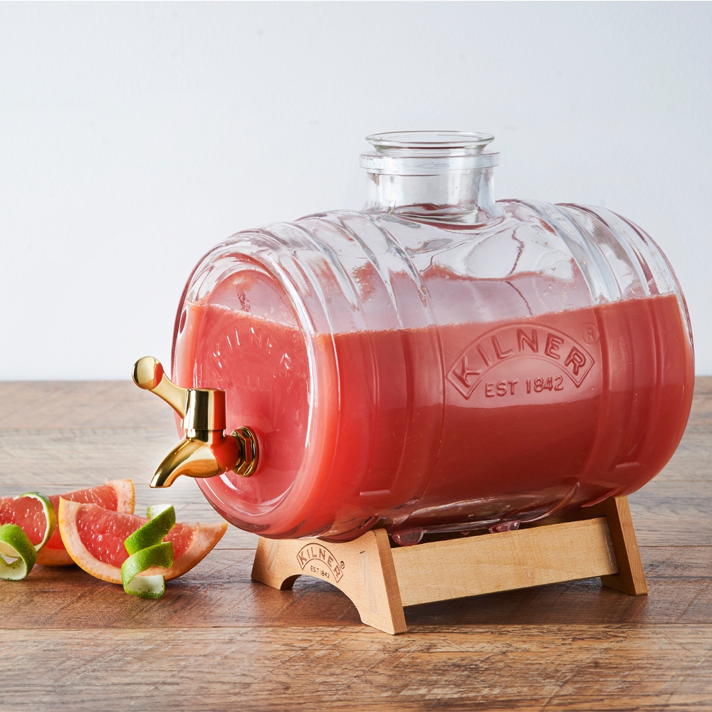 Kilner - Beverage dispenser with tap, measuring cup and wooden stand - 3.5 L